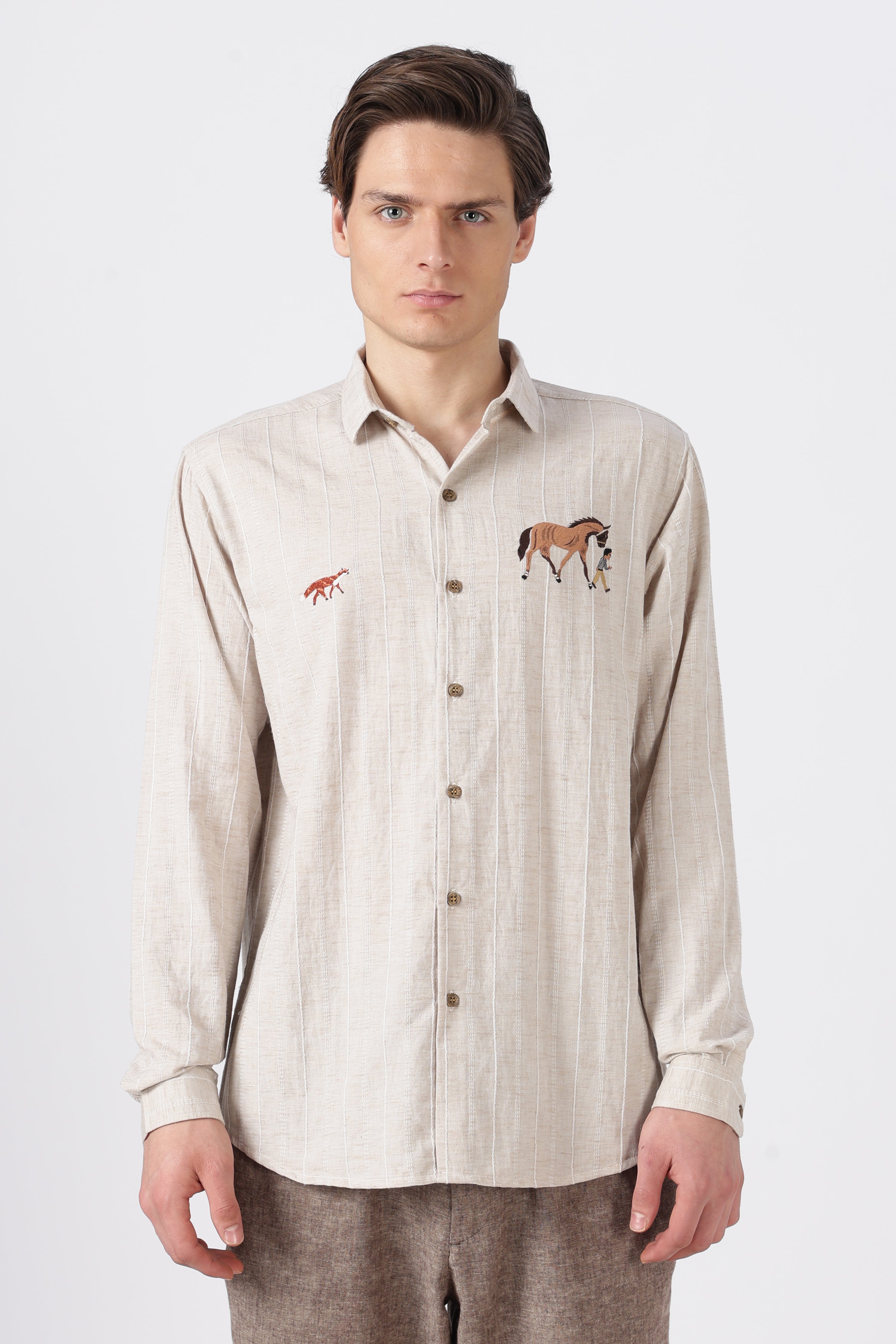 Equestrian Stroll Cotton Regular Fit Beige Striped Shirt