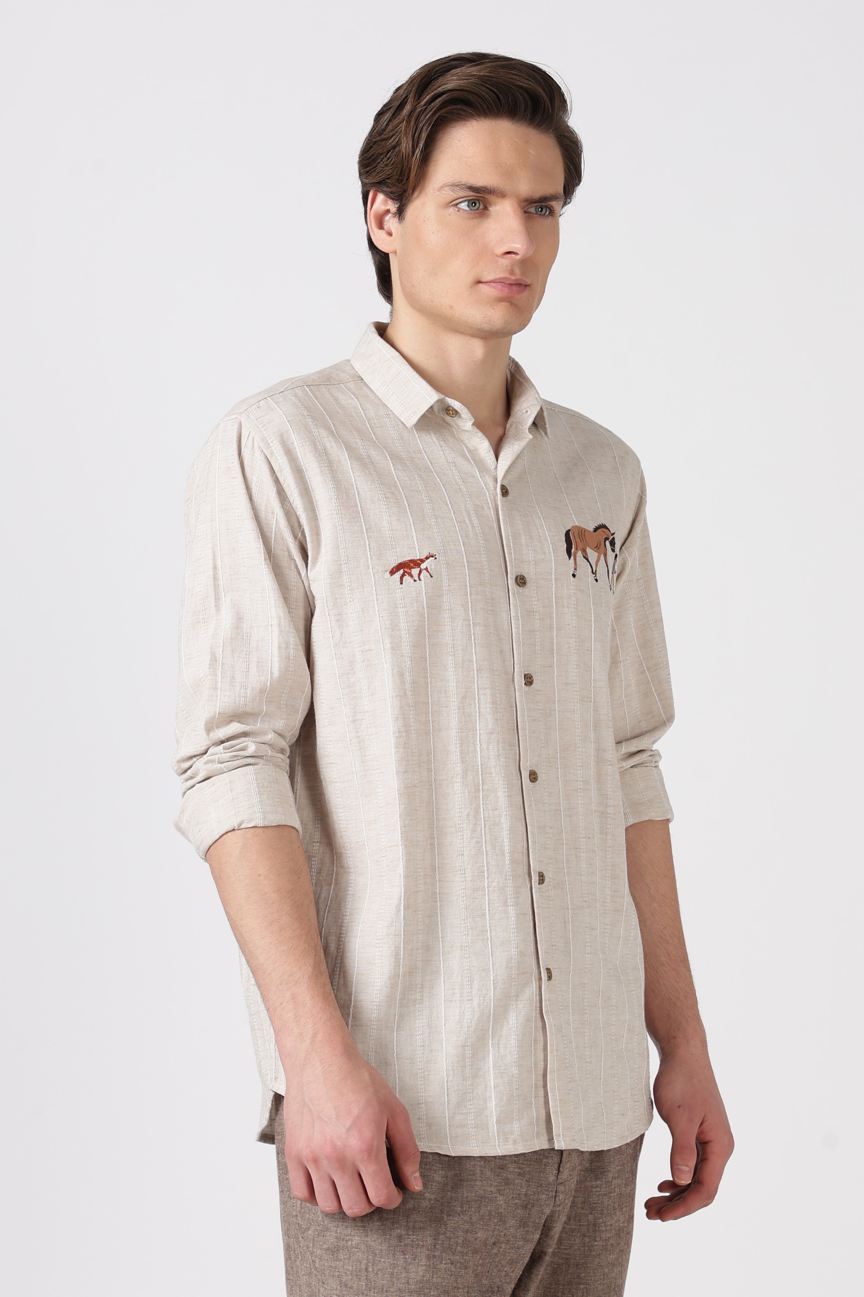 Equestrian Stroll Cotton Regular Fit Beige Striped Shirt