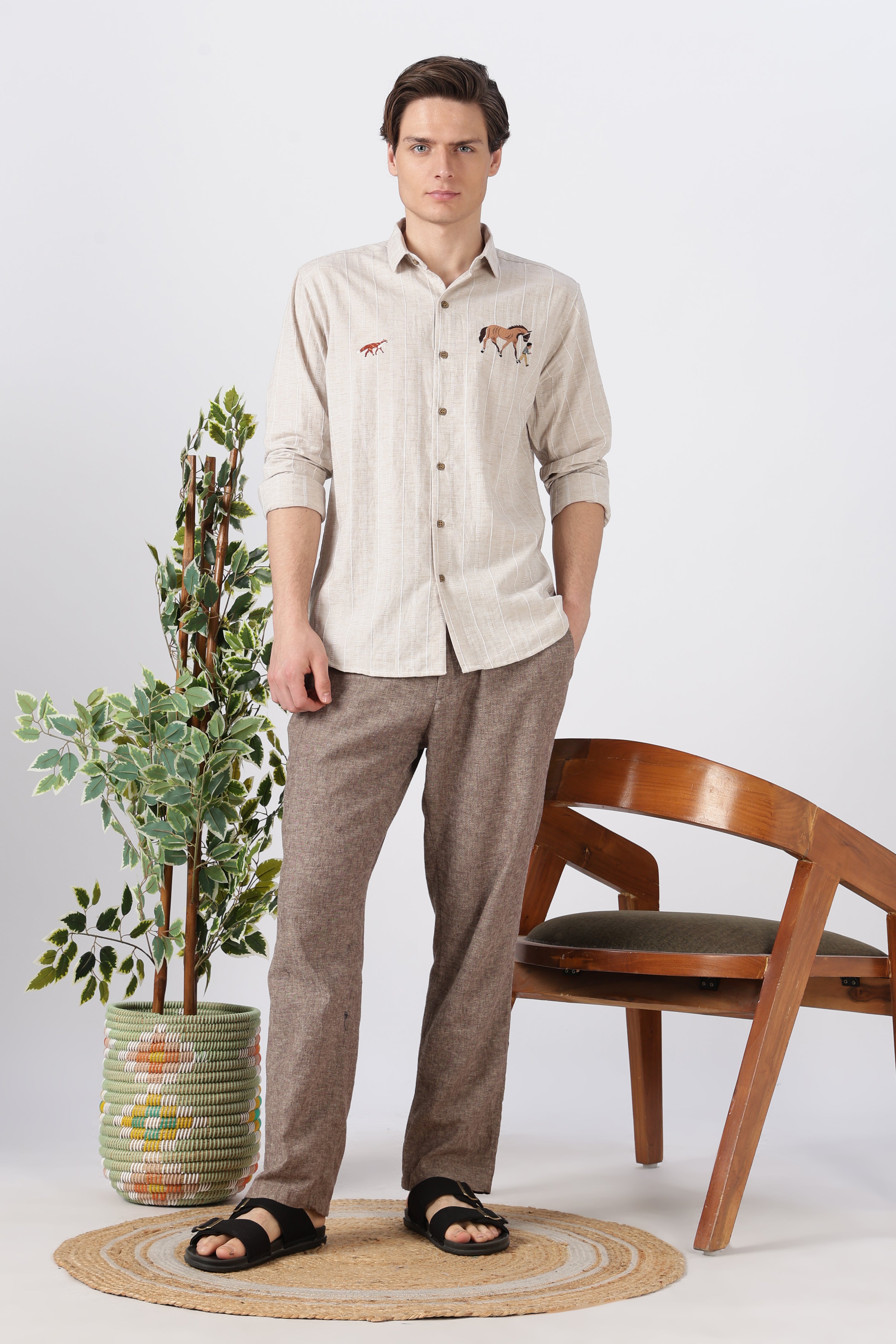 Equestrian Stroll Cotton Regular Fit Beige Striped Shirt