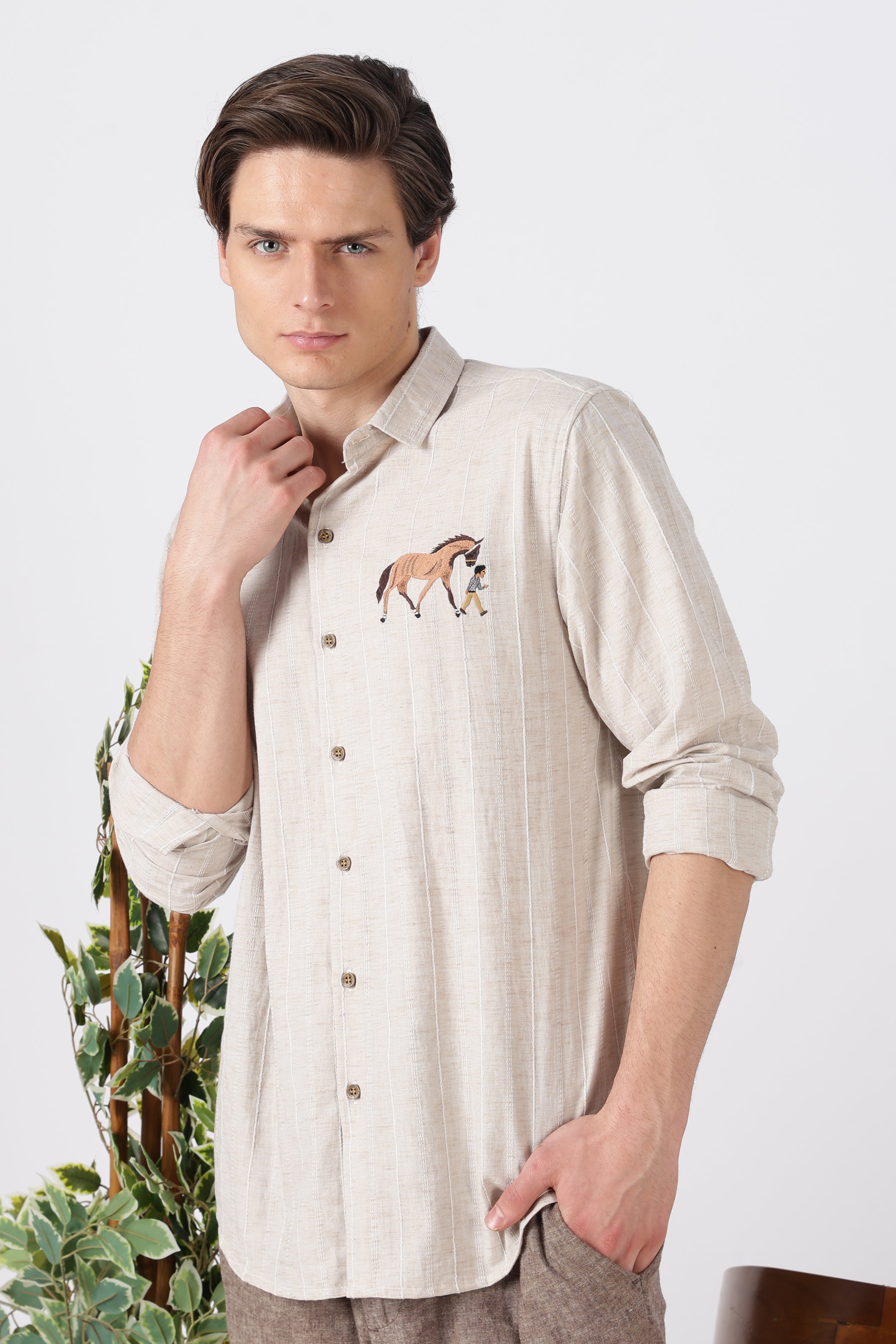 Equestrian Stroll Cotton Regular Fit Beige Striped Shirt