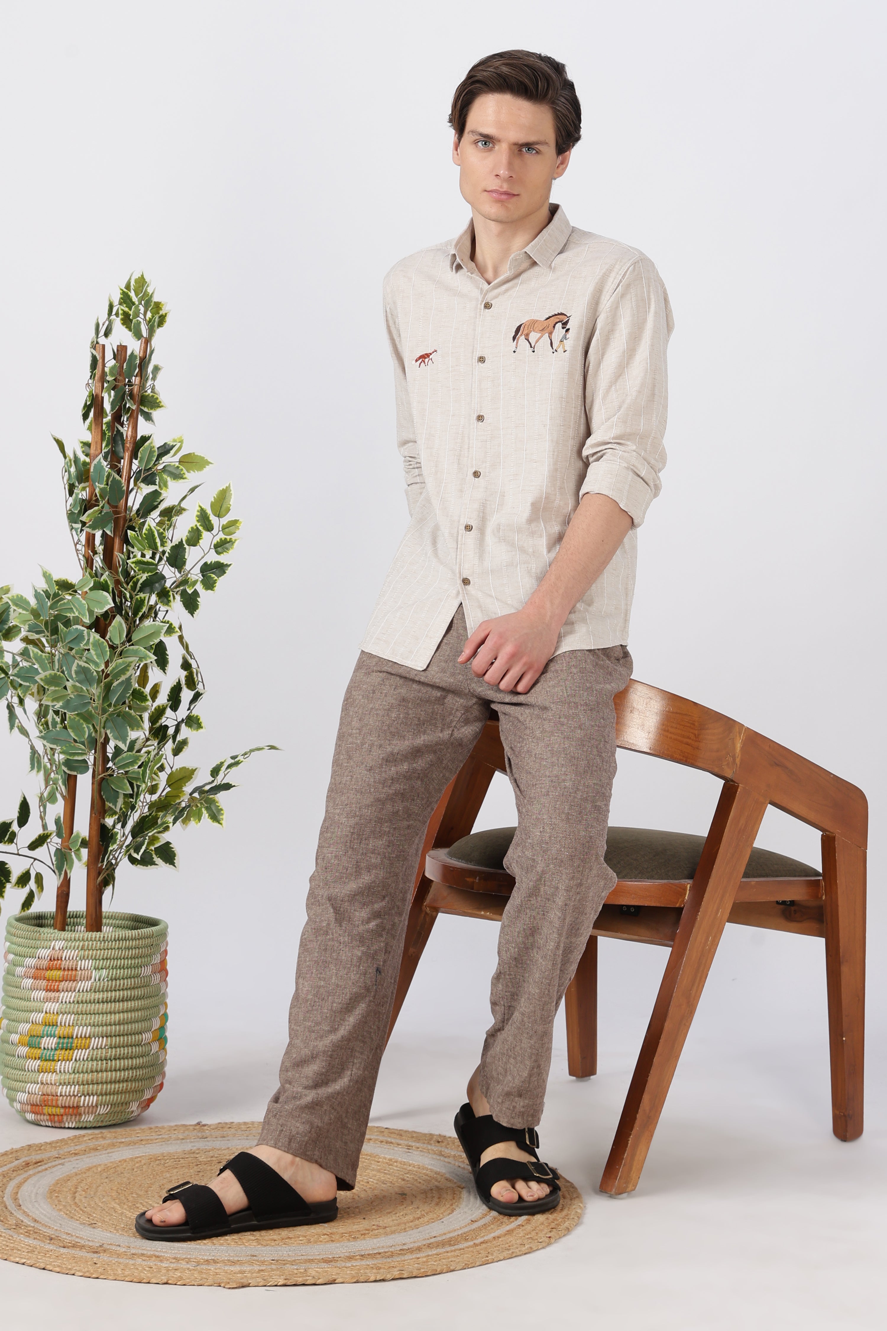 Equestrian Stroll Cotton Regular Fit Beige Striped Shirt