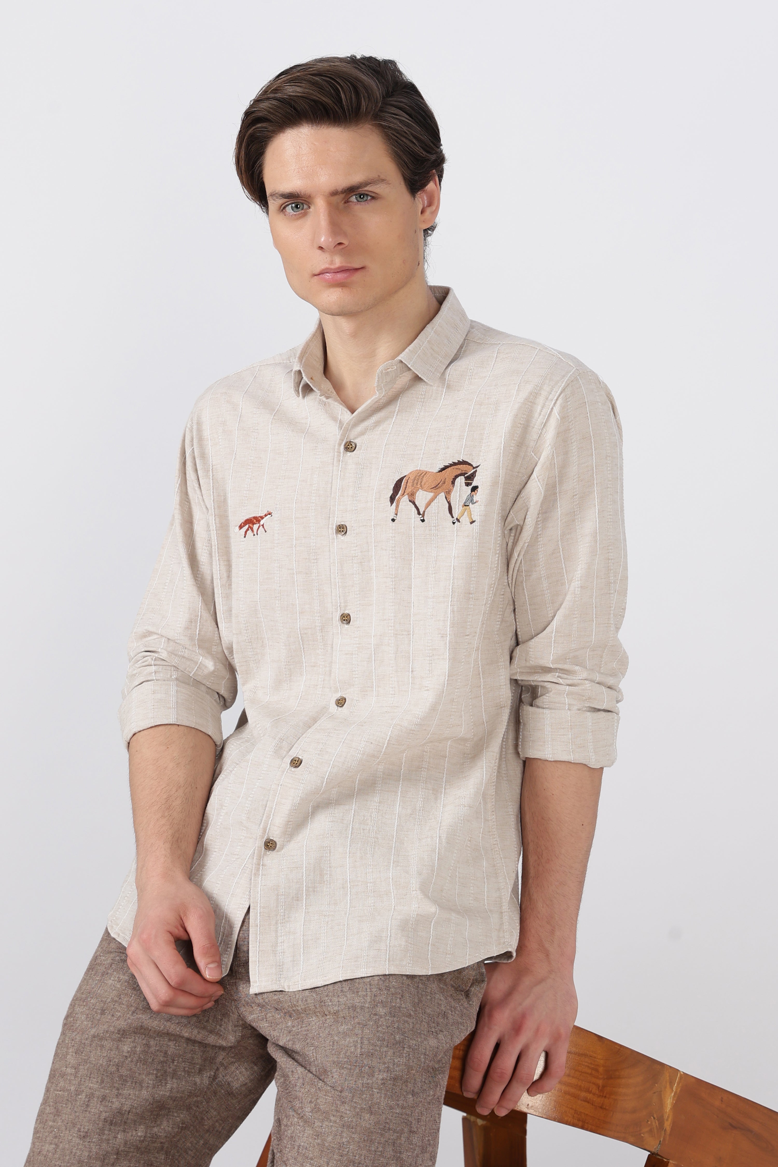 Equestrian Stroll Cotton Regular Fit Beige Striped Shirt