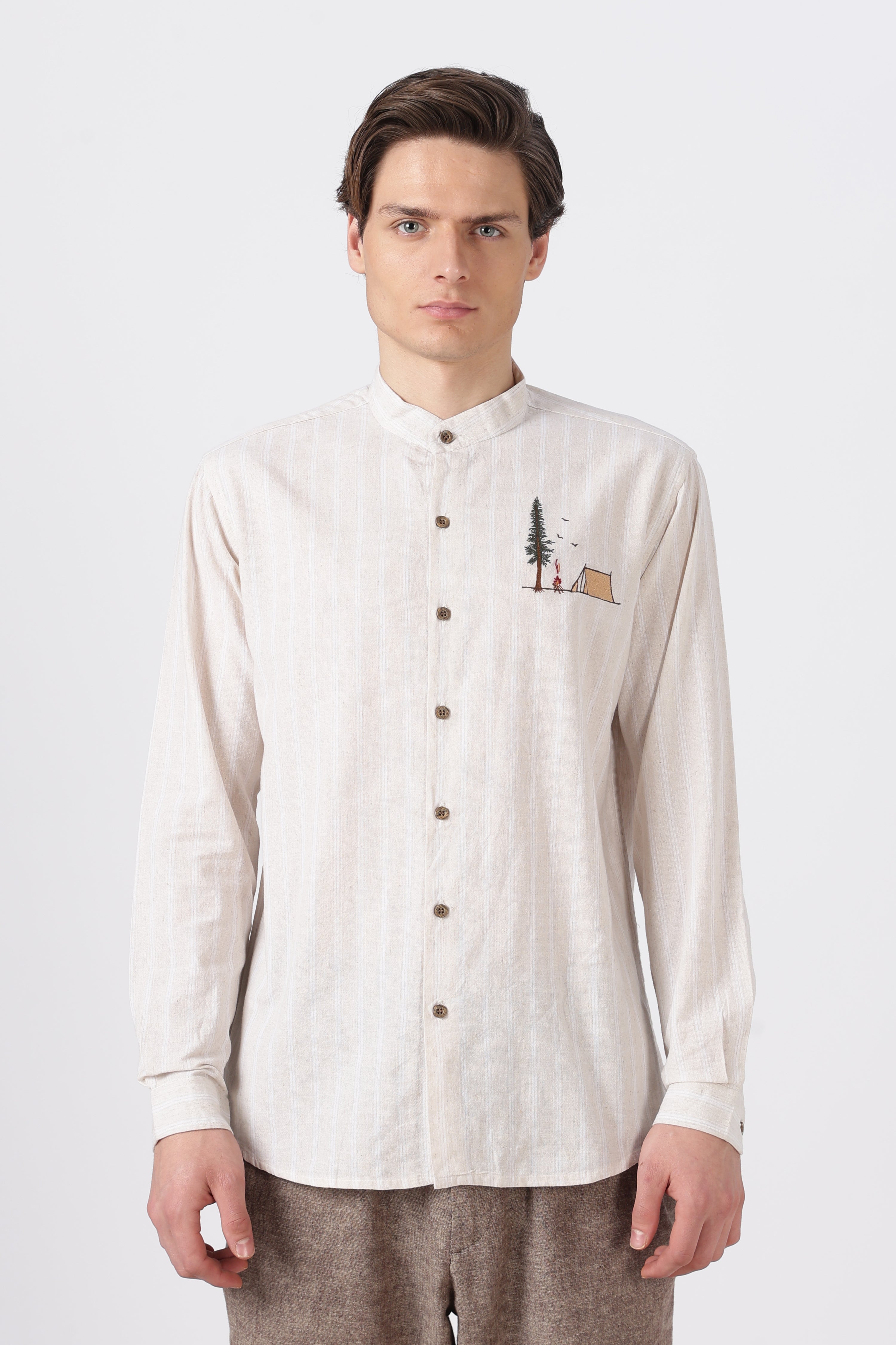 Camping Scene Cotton Regular Fit Cream Embroidered Shirt