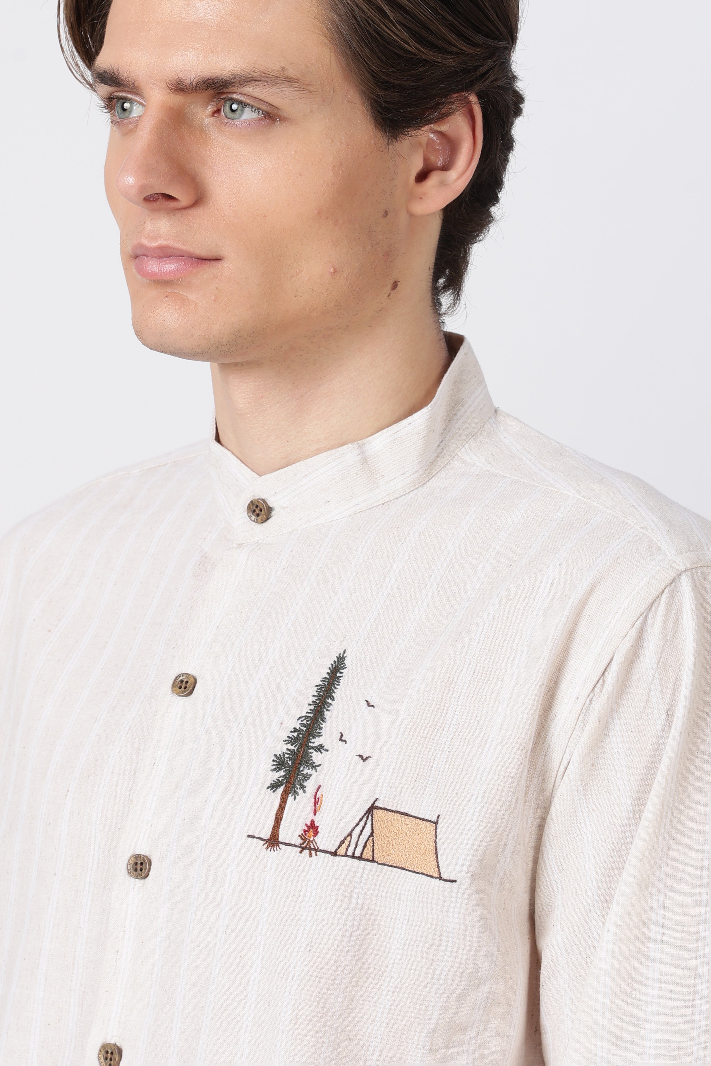 Camping Scene Cotton Regular Fit Cream Embroidered Shirt