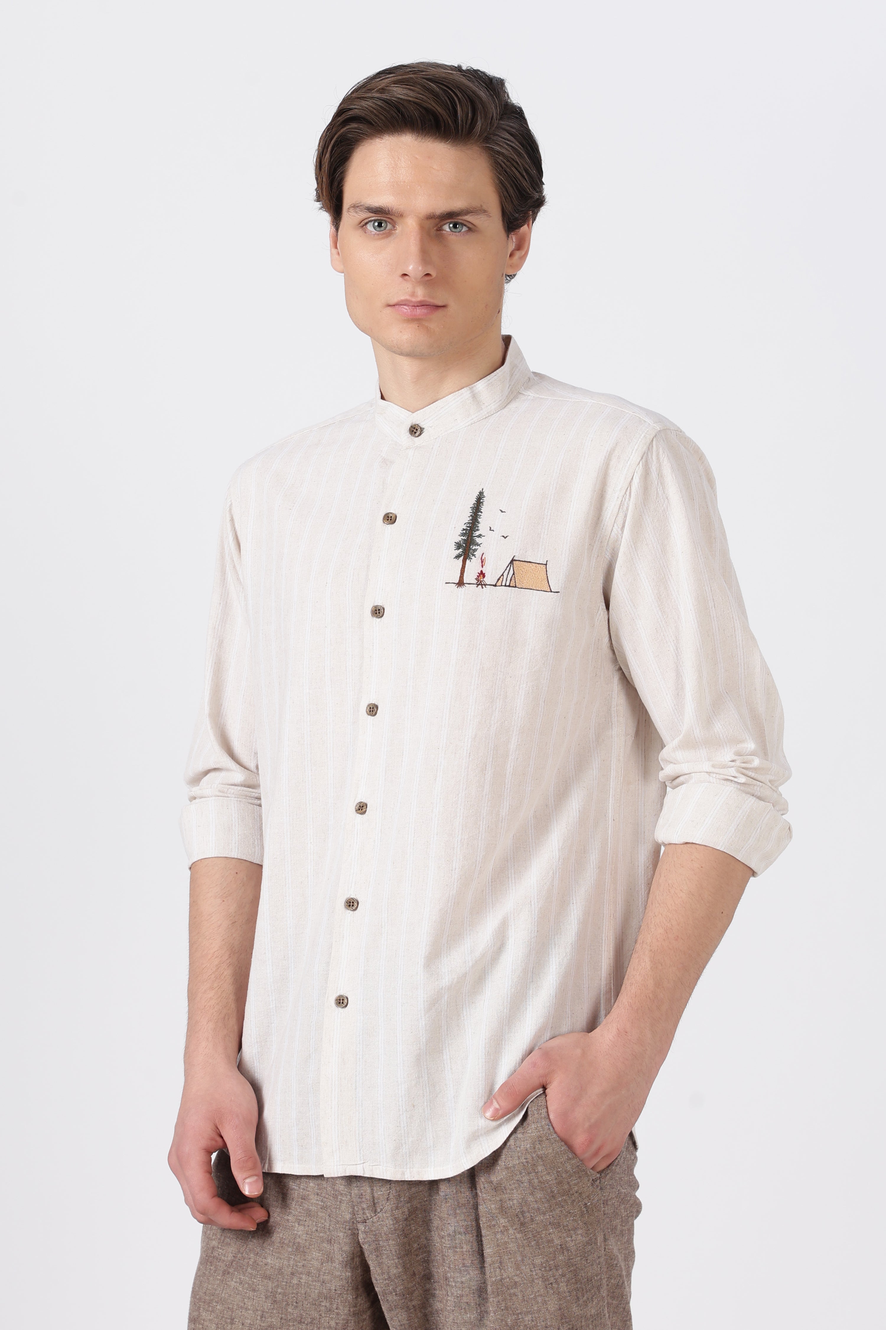 Camping Scene Cotton Regular Fit Cream Embroidered Shirt