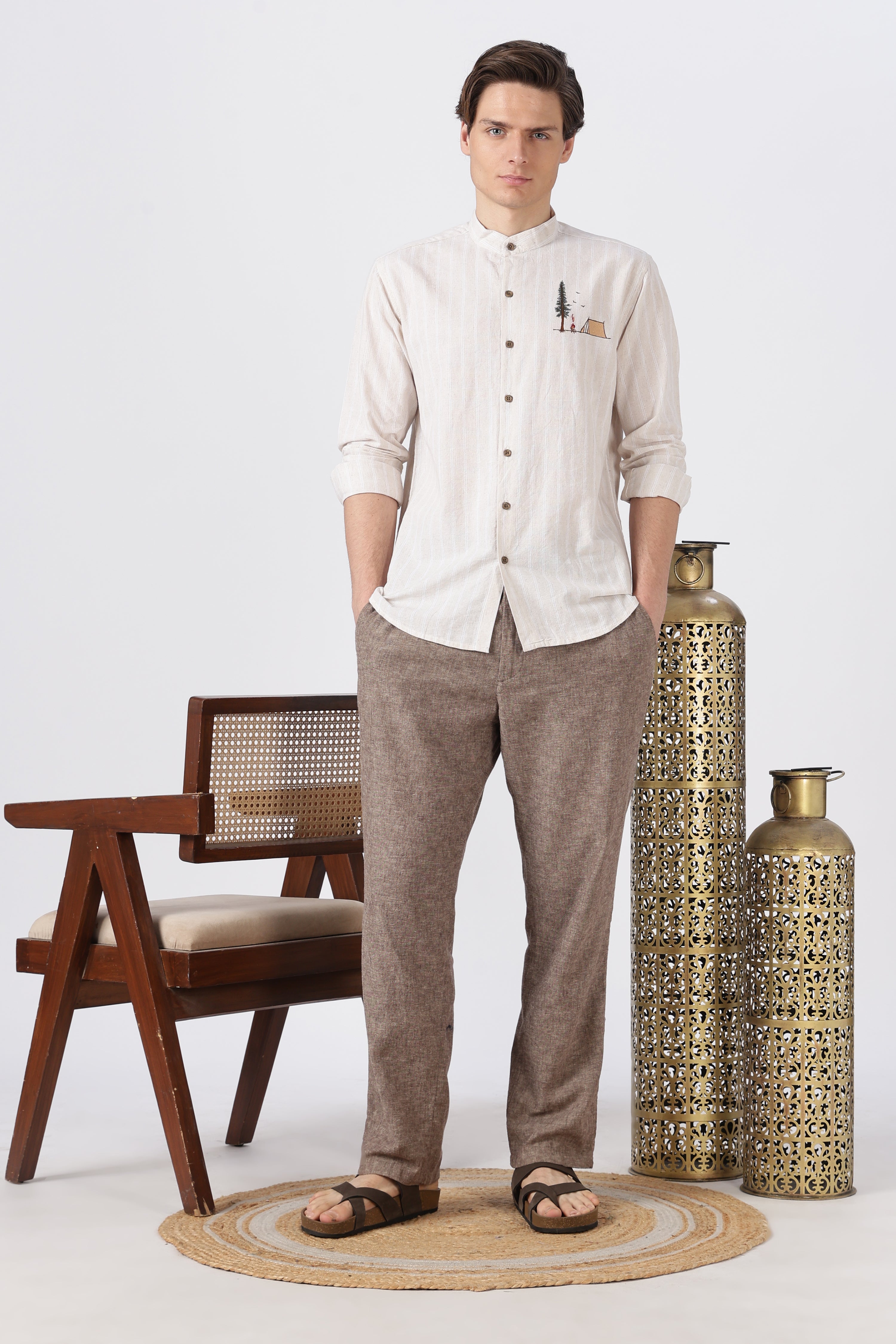 Camping Scene Cotton Regular Fit Cream Embroidered Shirt