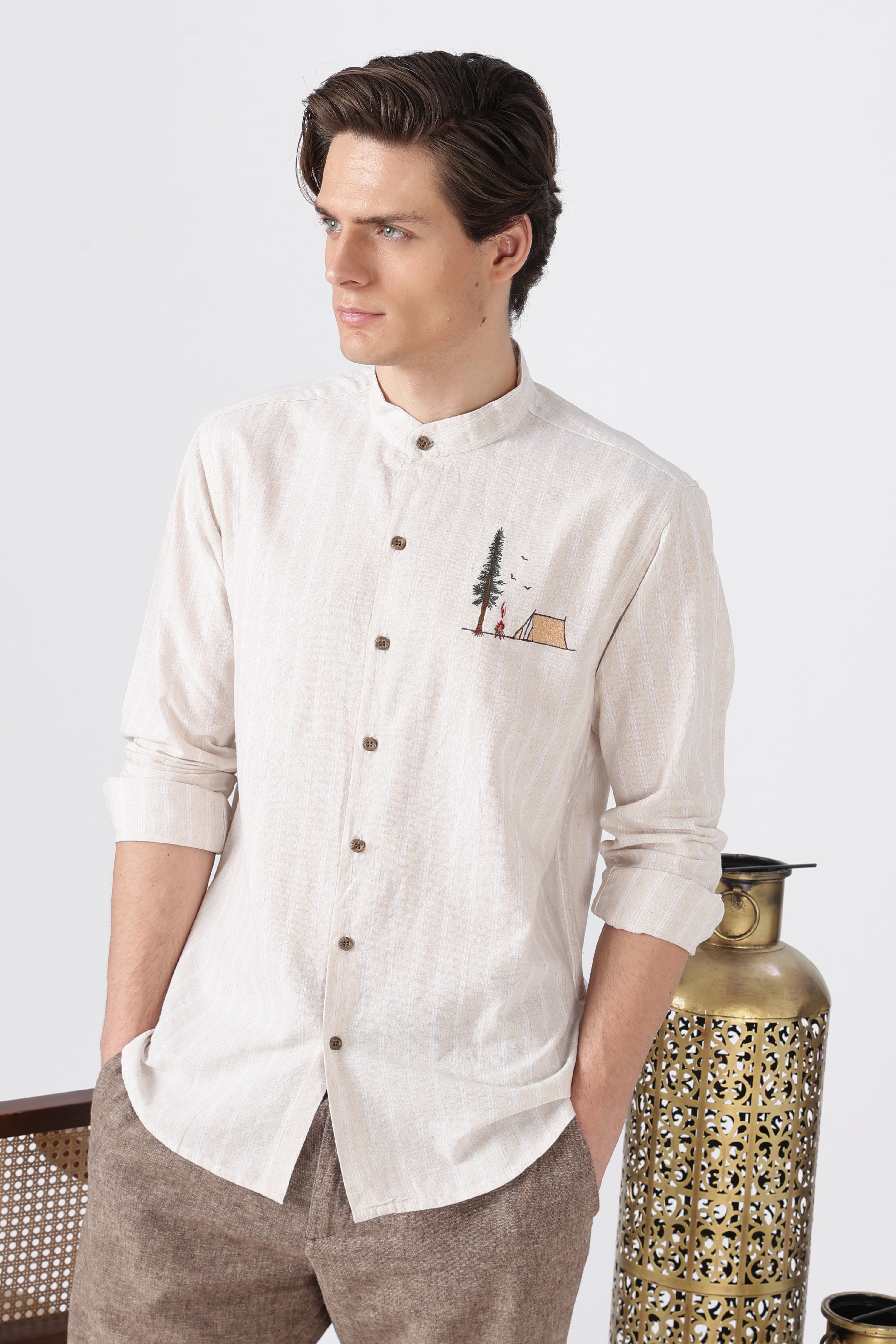 Camping Scene Cotton Regular Fit Cream Embroidered Shirt