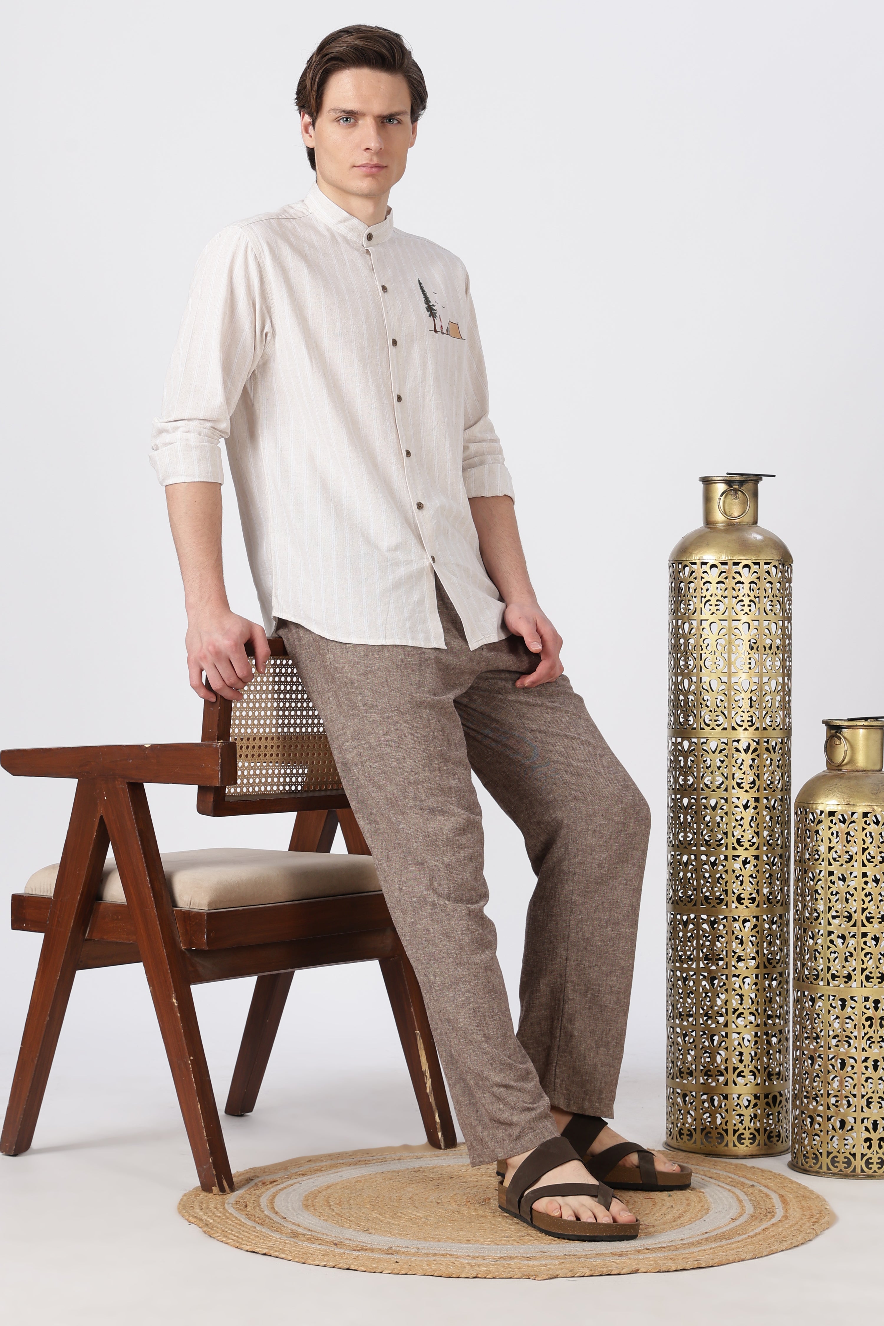 Camping Scene Cotton Regular Fit Cream Embroidered Shirt