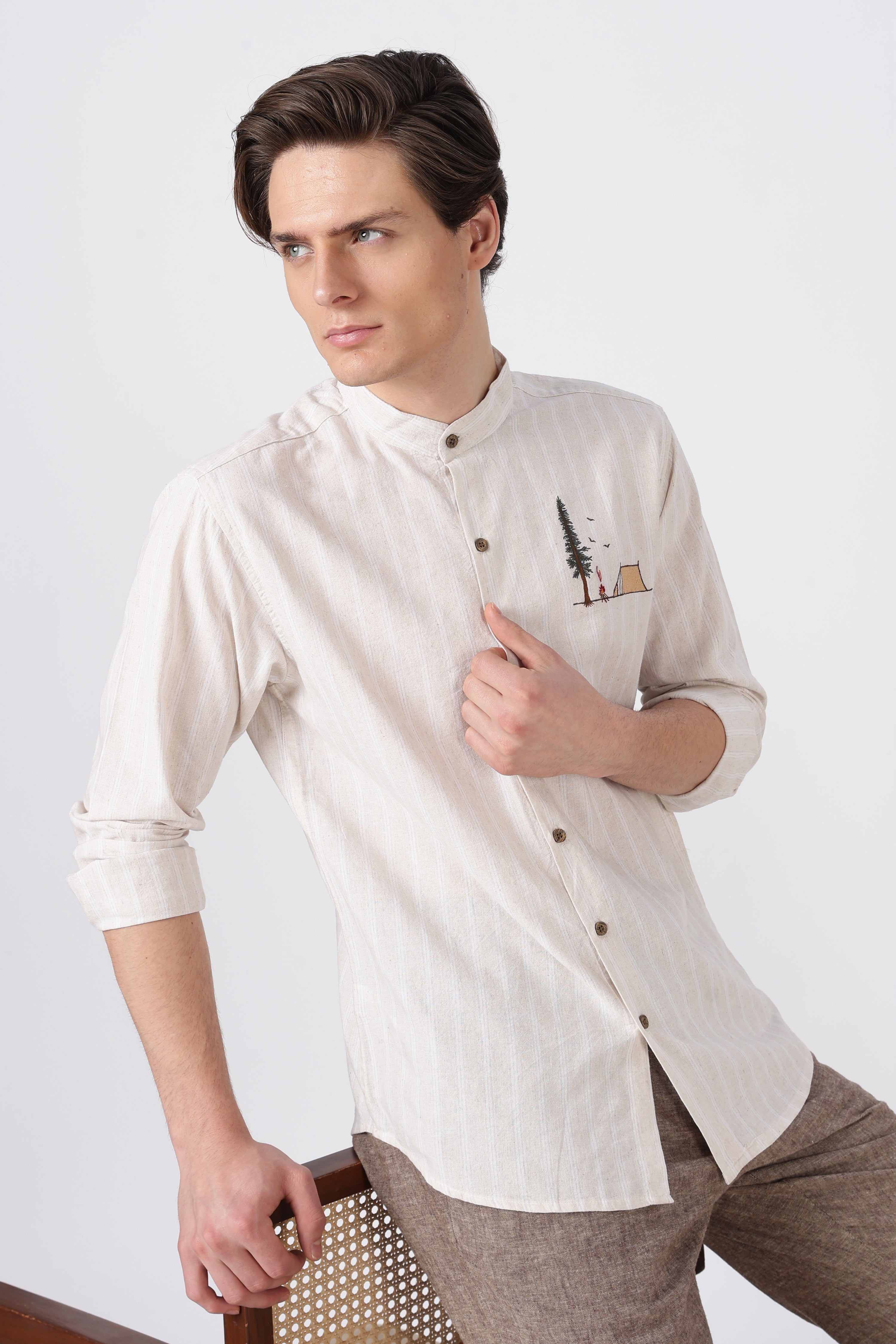 Camping Scene Cotton Regular Fit Cream Embroidered Shirt