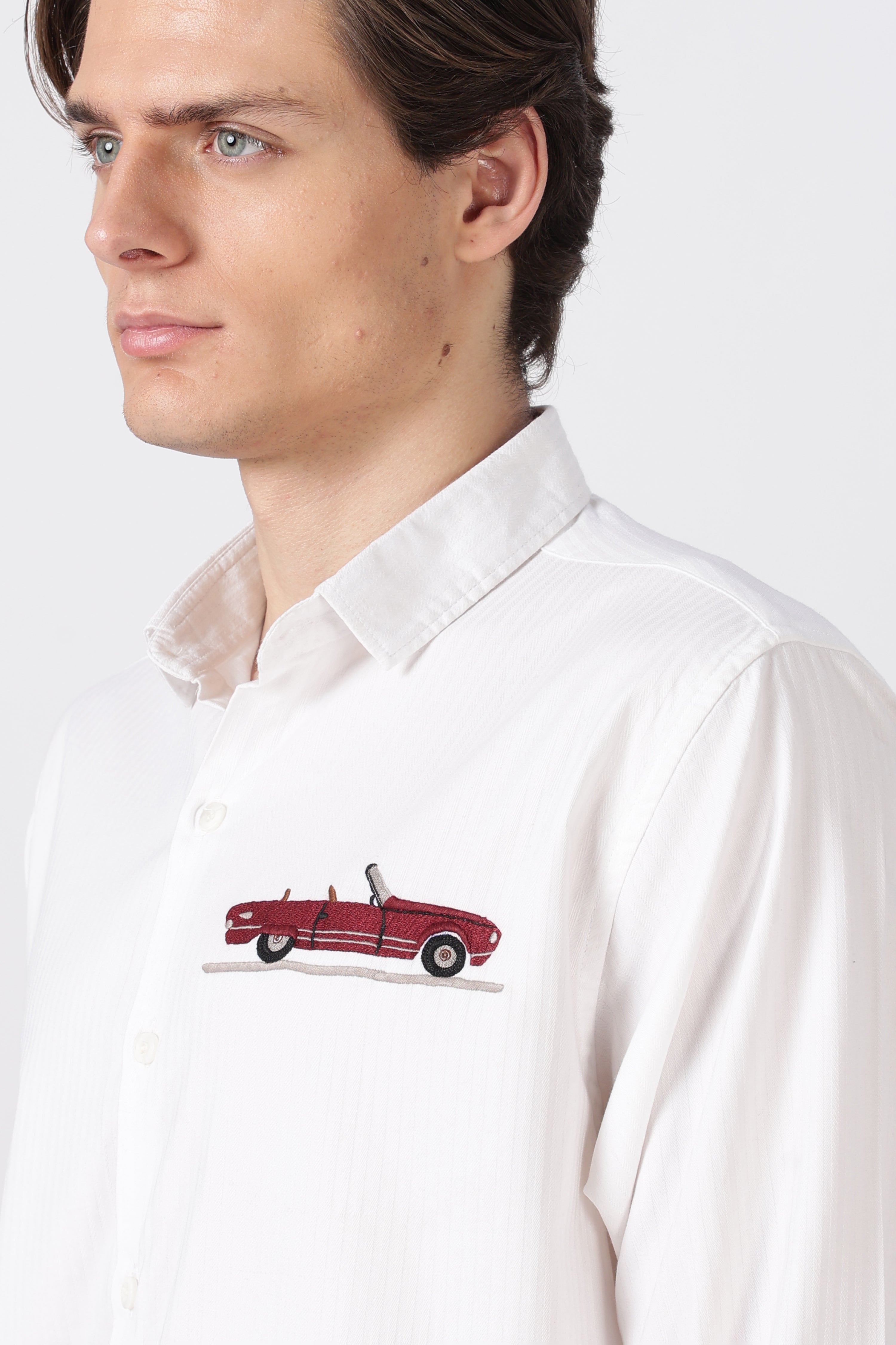 Vintage Red Car Cotton Regular Fit White Striped Shirt