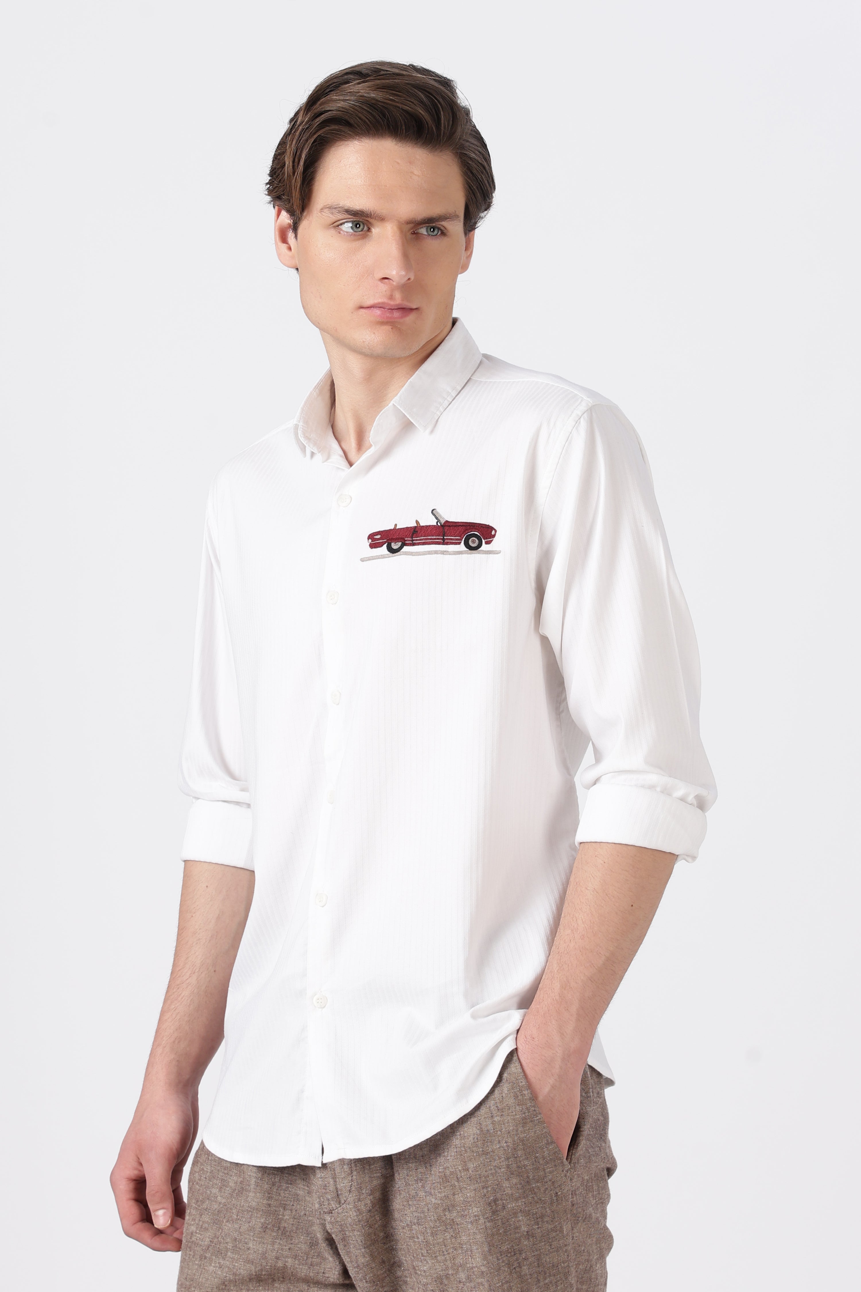Vintage Red Car Cotton Regular Fit White Striped Shirt