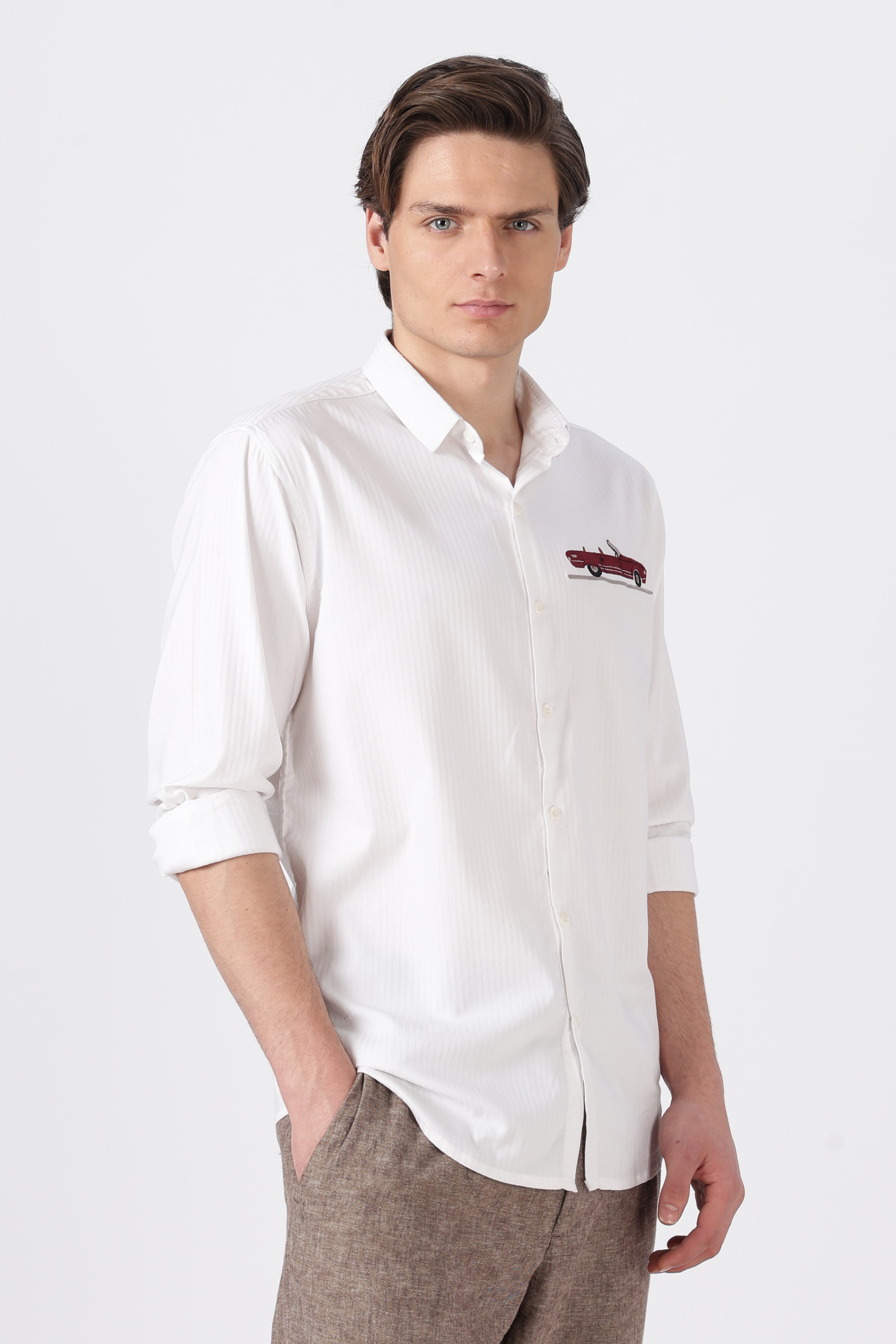 Vintage Red Car Cotton Regular Fit White Striped Shirt