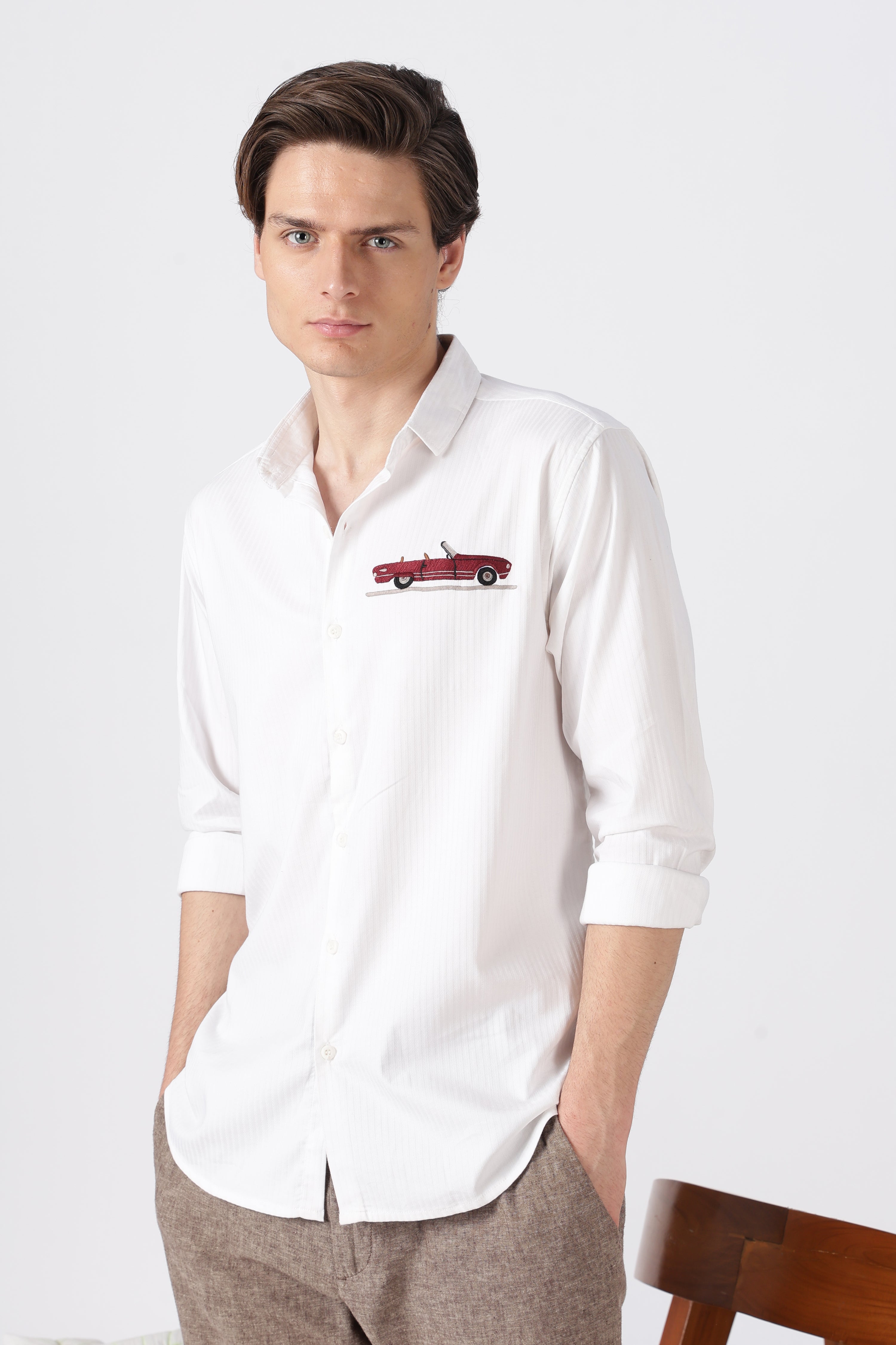 Vintage Red Car Cotton Regular Fit White Striped Shirt