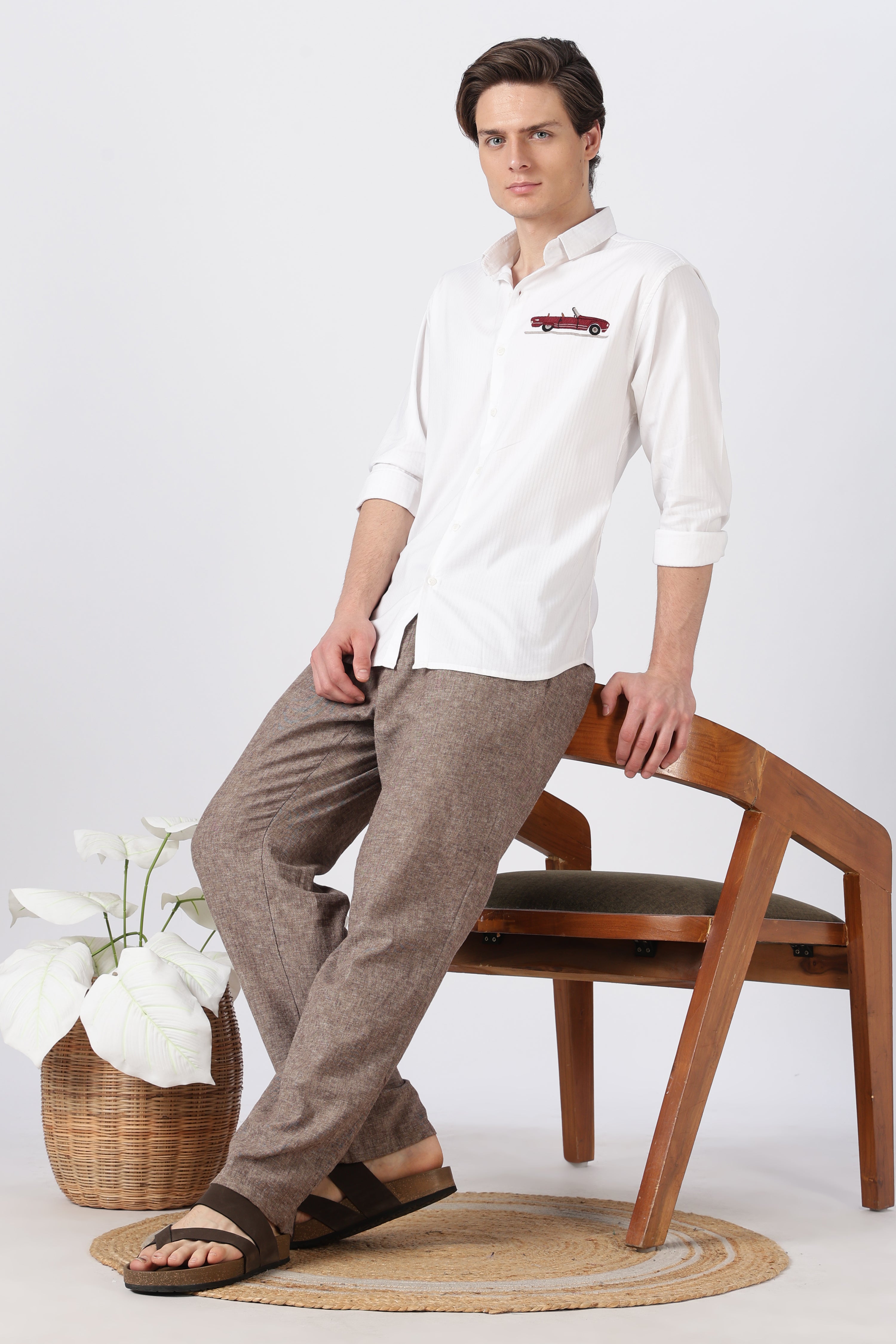 Vintage Red Car Cotton Regular Fit White Striped Shirt