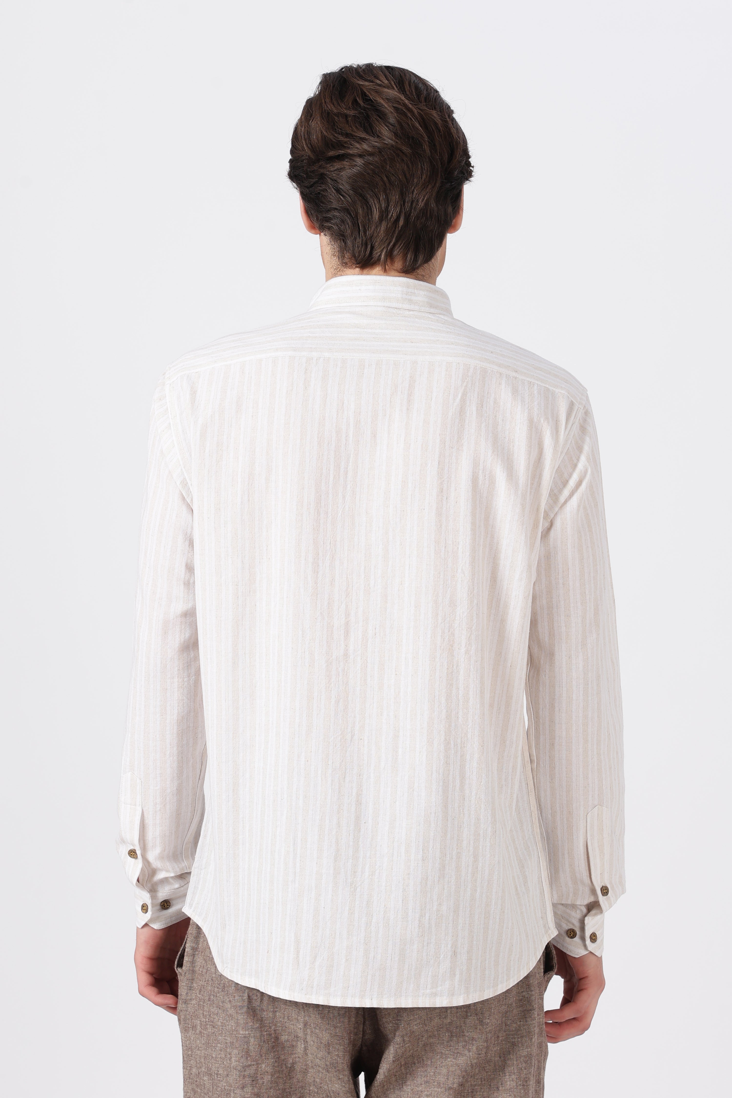 Flying Flock Cotton Regular Fit Beige Striped Shirt