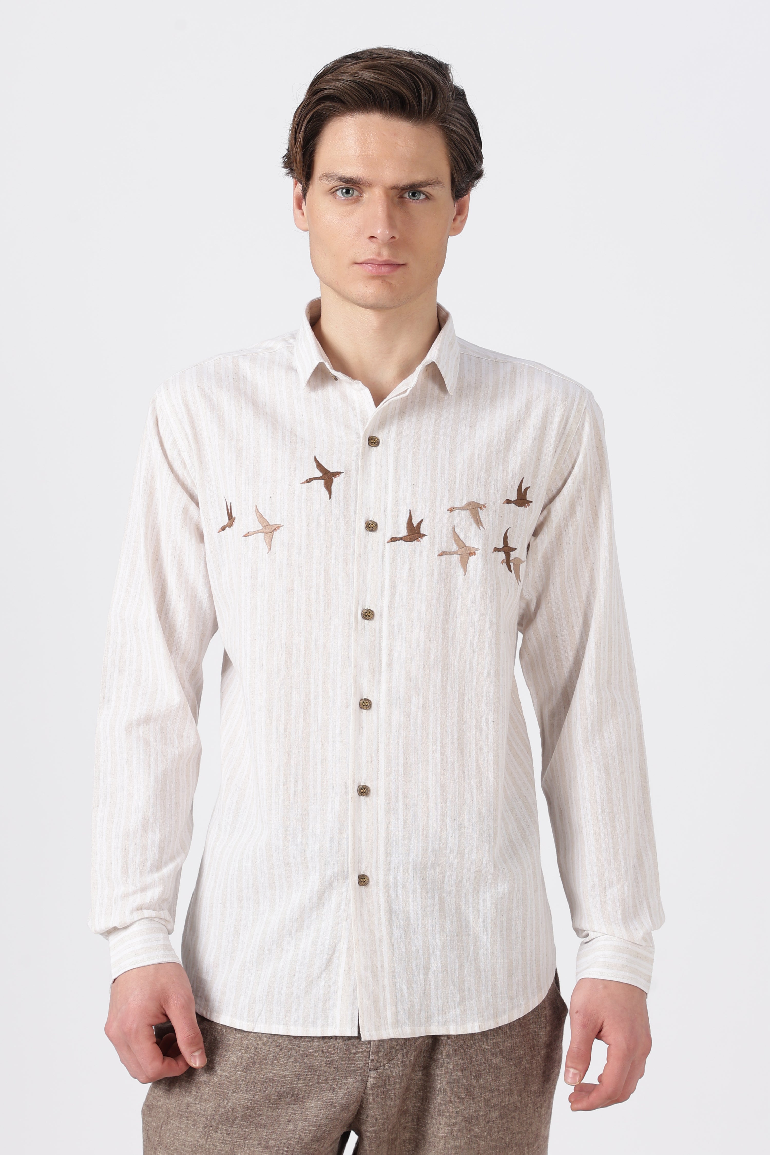 Flying Flock Cotton Regular Fit Beige Striped Shirt