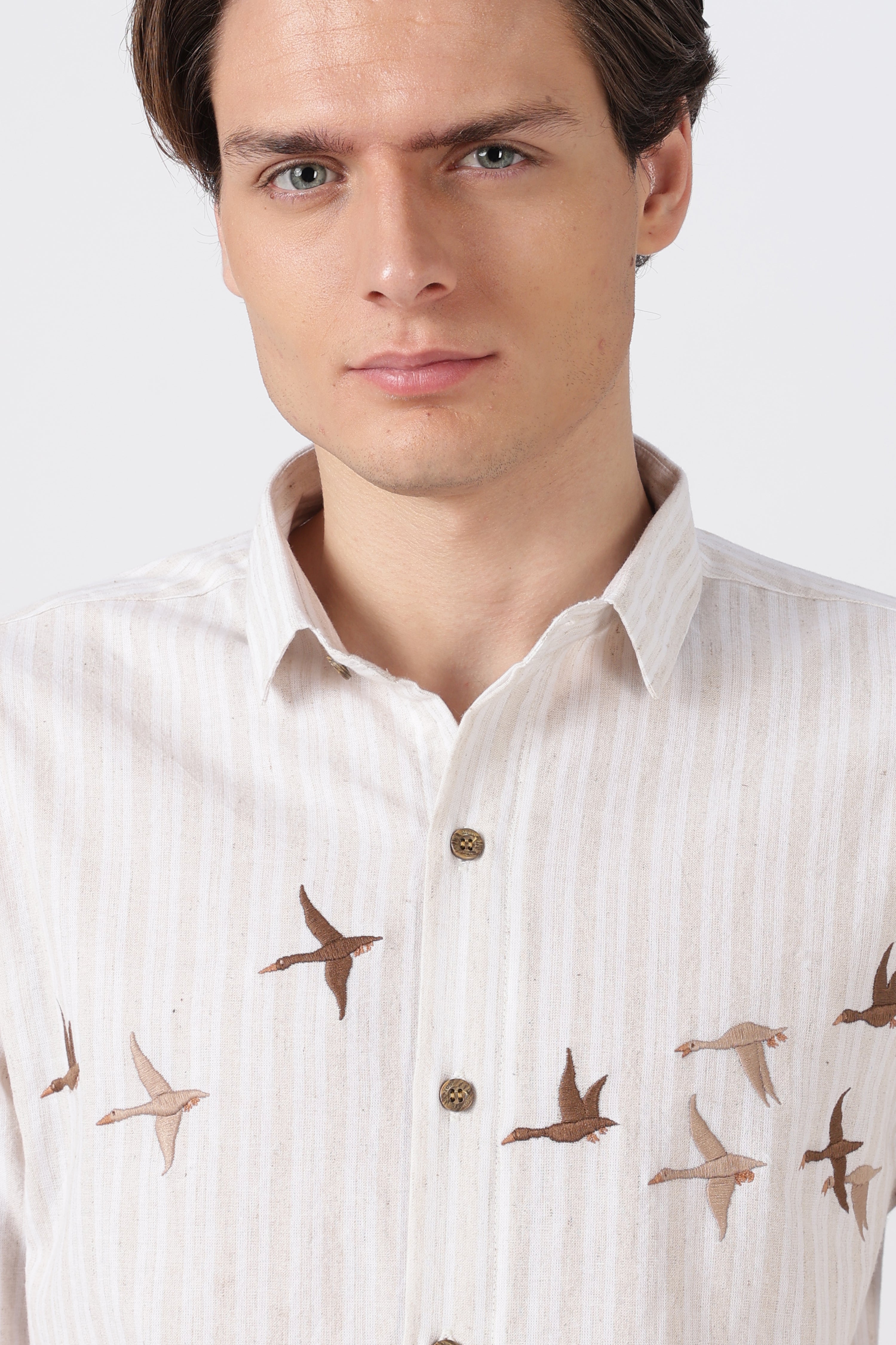 Flying Flock Cotton Regular Fit Beige Striped Shirt