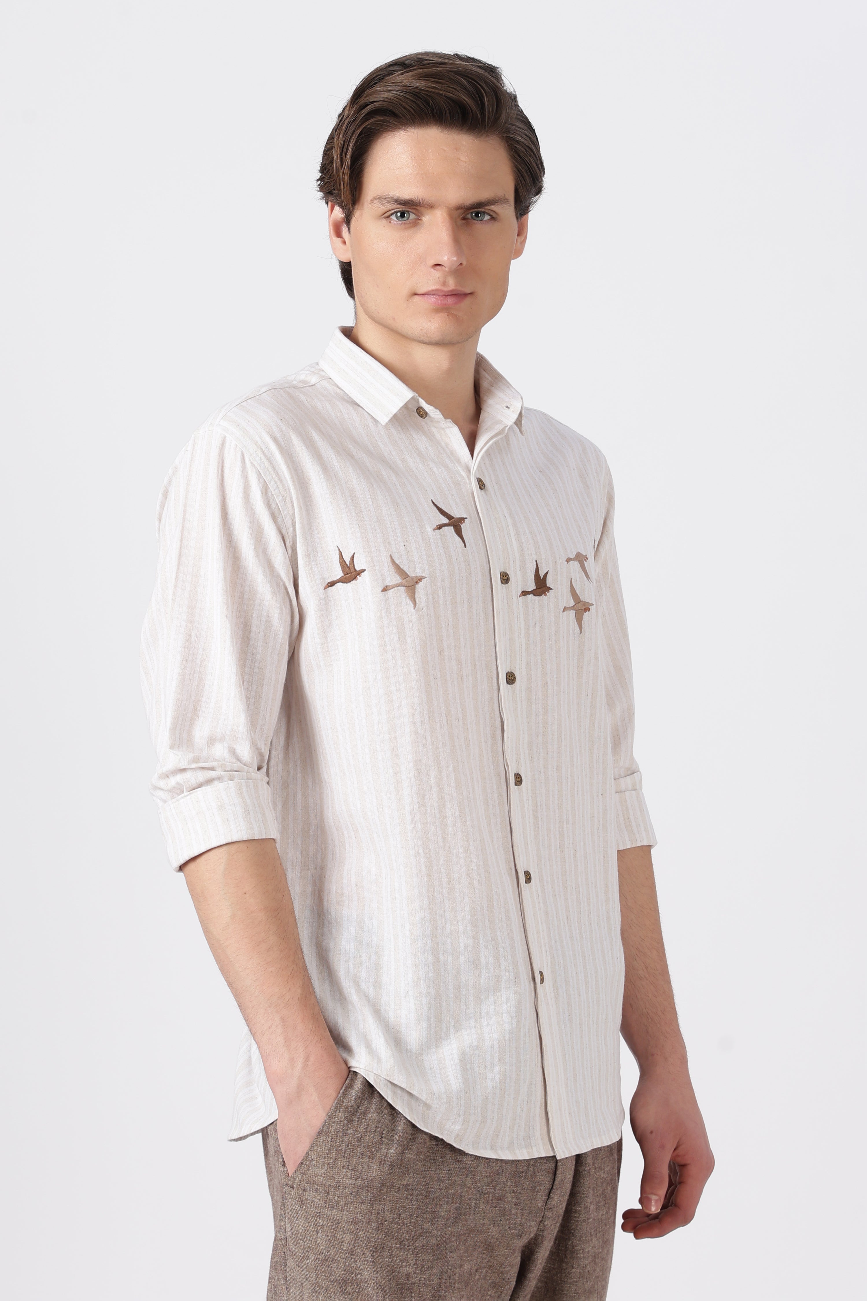 Flying Flock Cotton Regular Fit Beige Striped Shirt
