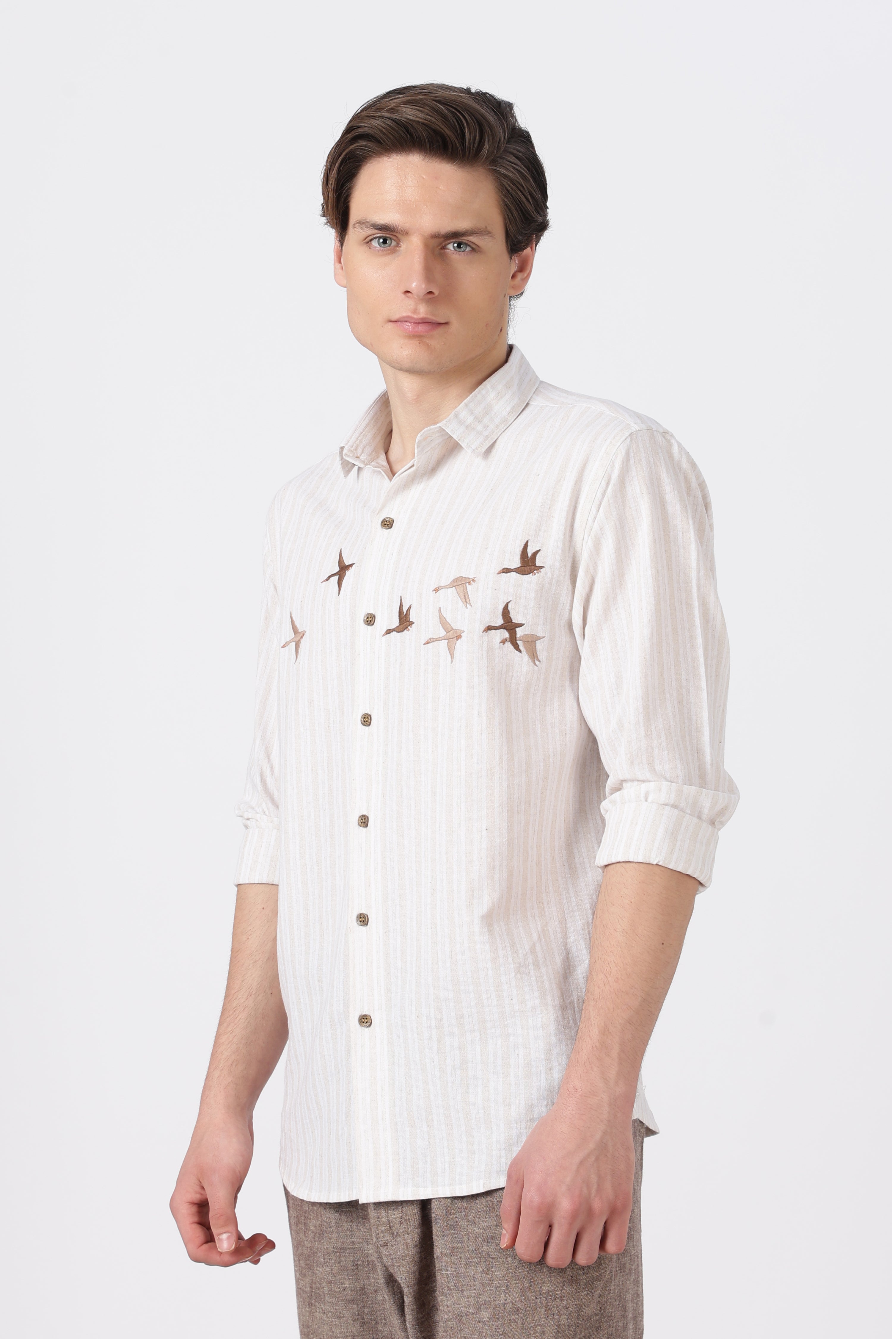 Flying Flock Cotton Regular Fit Beige Striped Shirt
