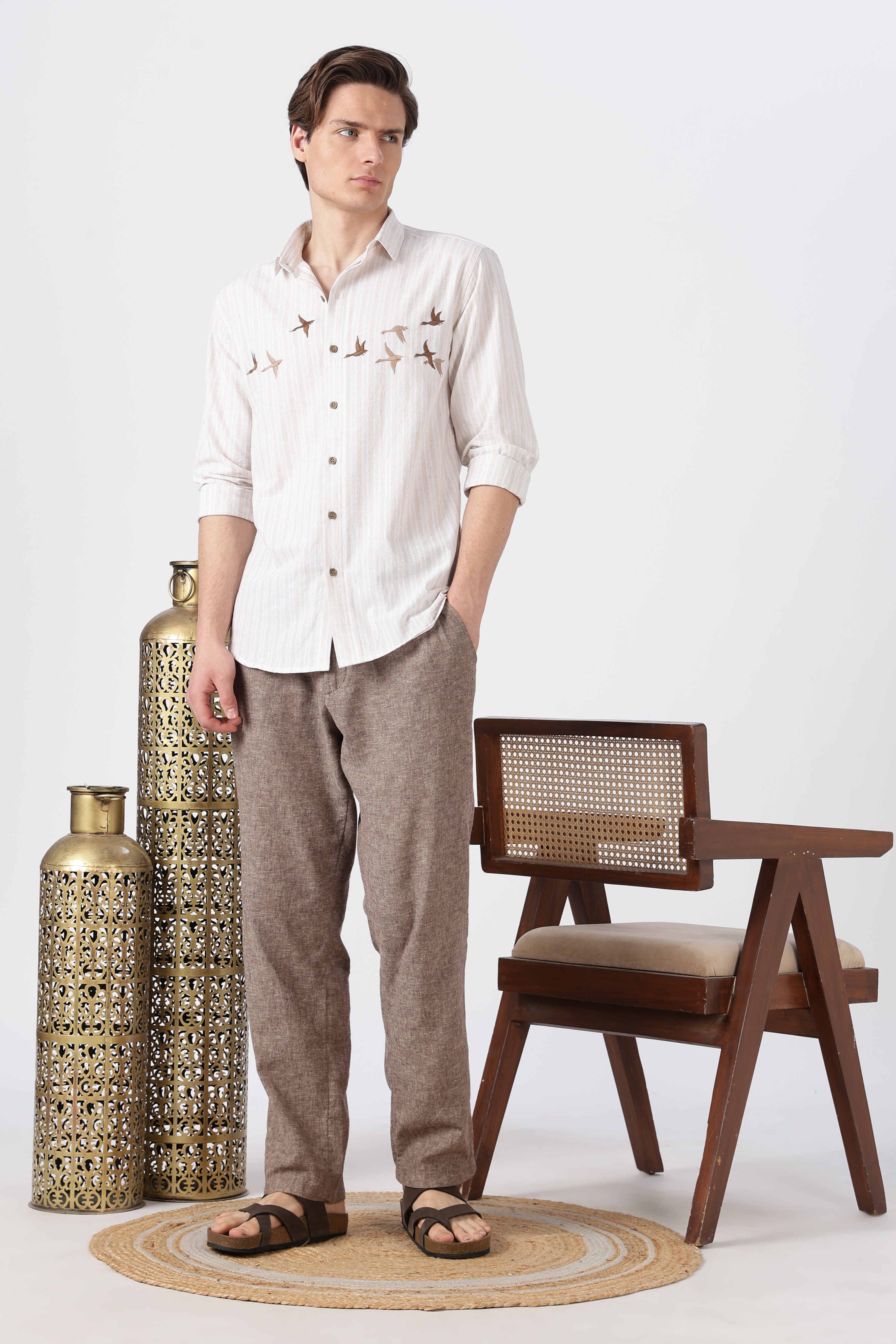Flying Flock Cotton Regular Fit Beige Striped Shirt
