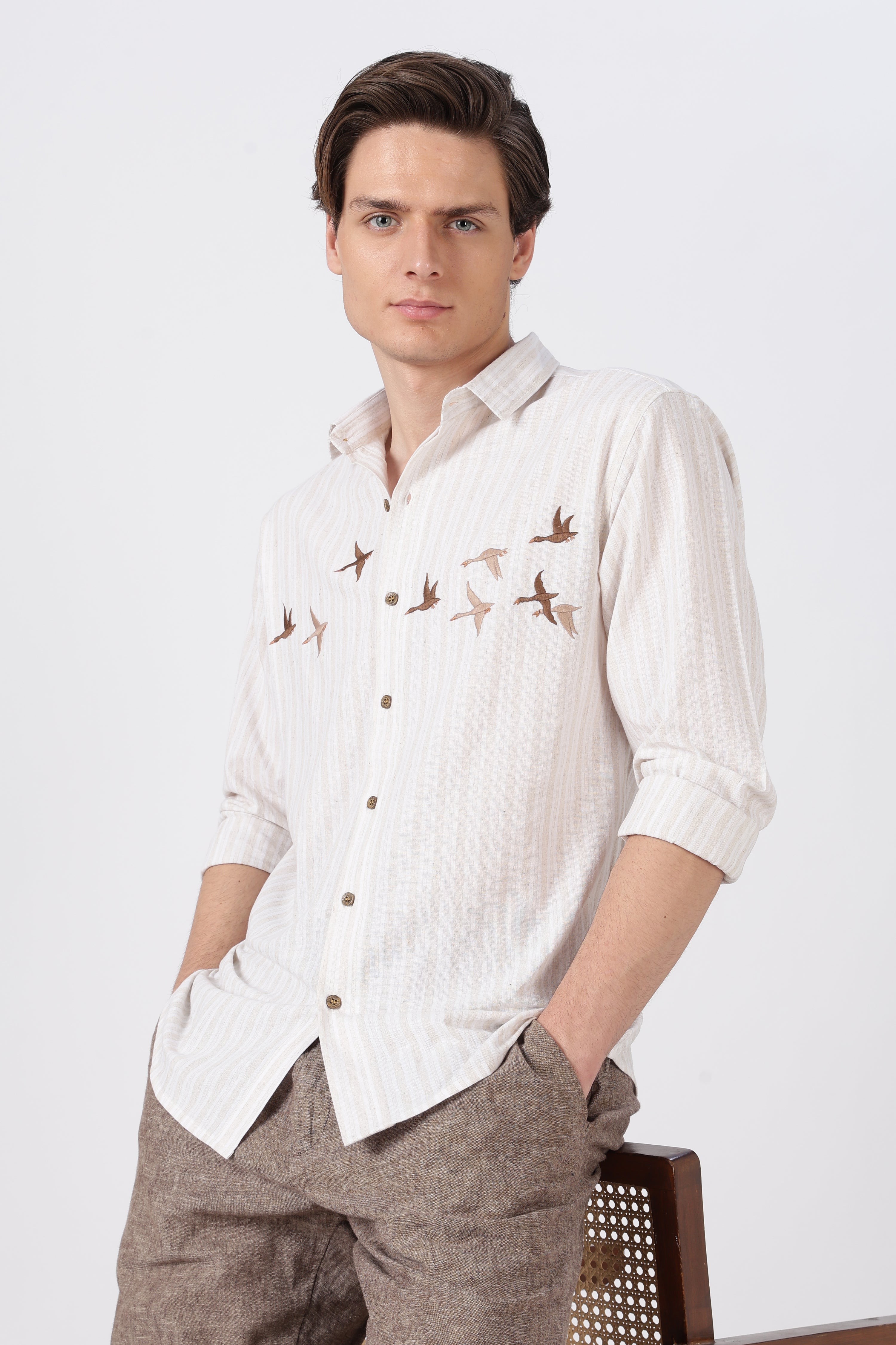 Flying Flock Cotton Regular Fit Beige Striped Shirt