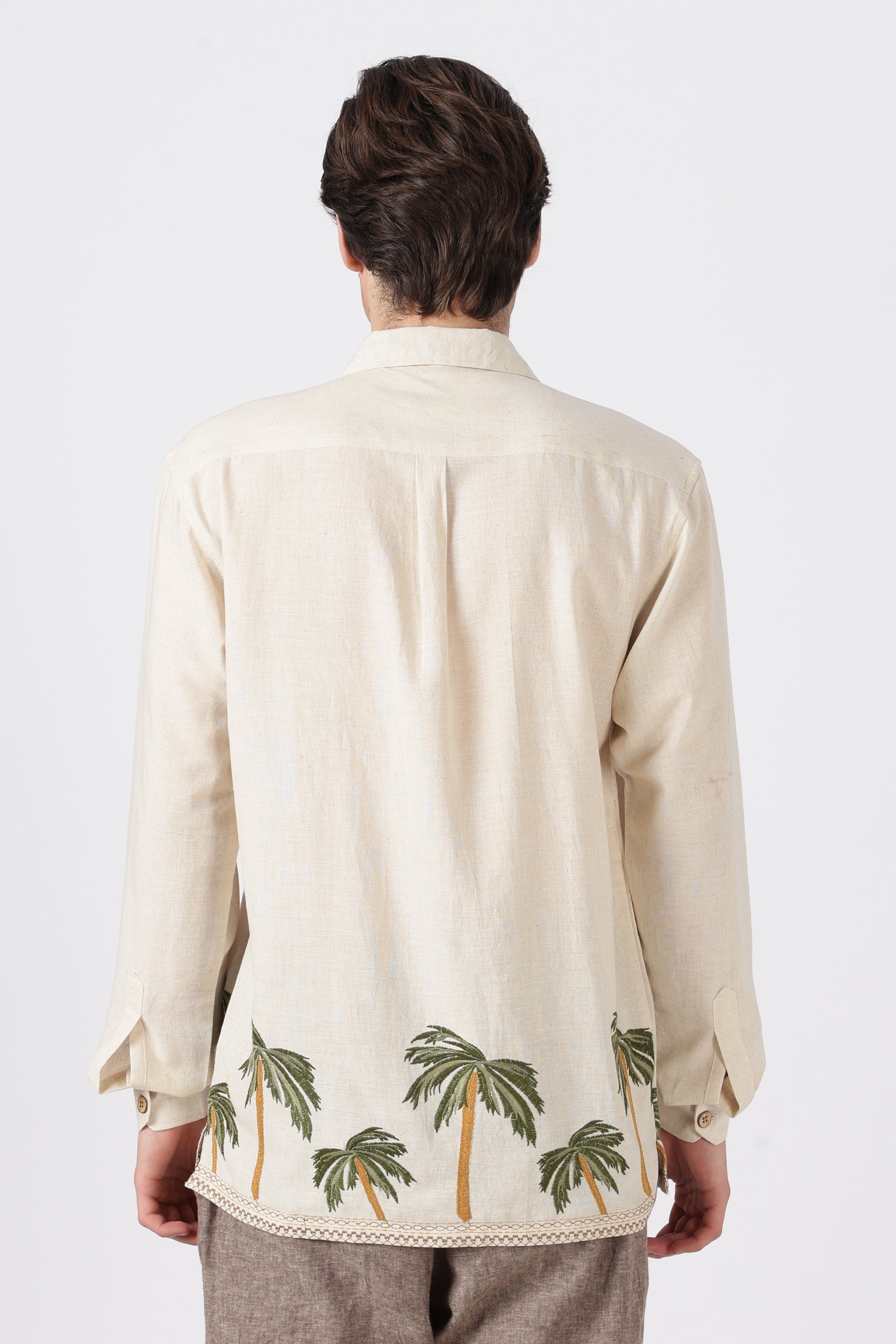 Palm Coast Cotton Regular Fit Beige Embroidery Shirt