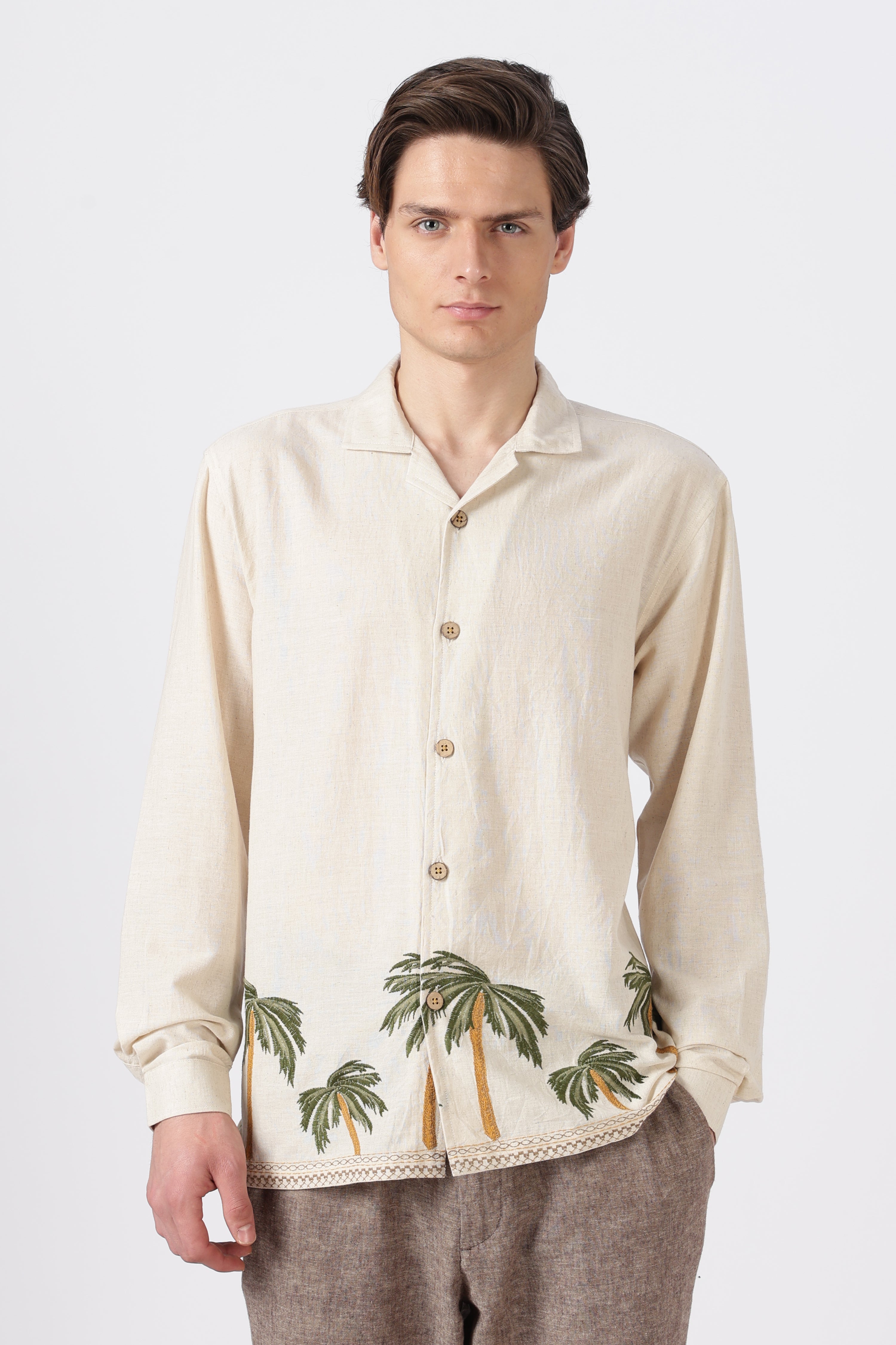 Palm Coast Cotton Regular Fit Beige Embroidery Shirt