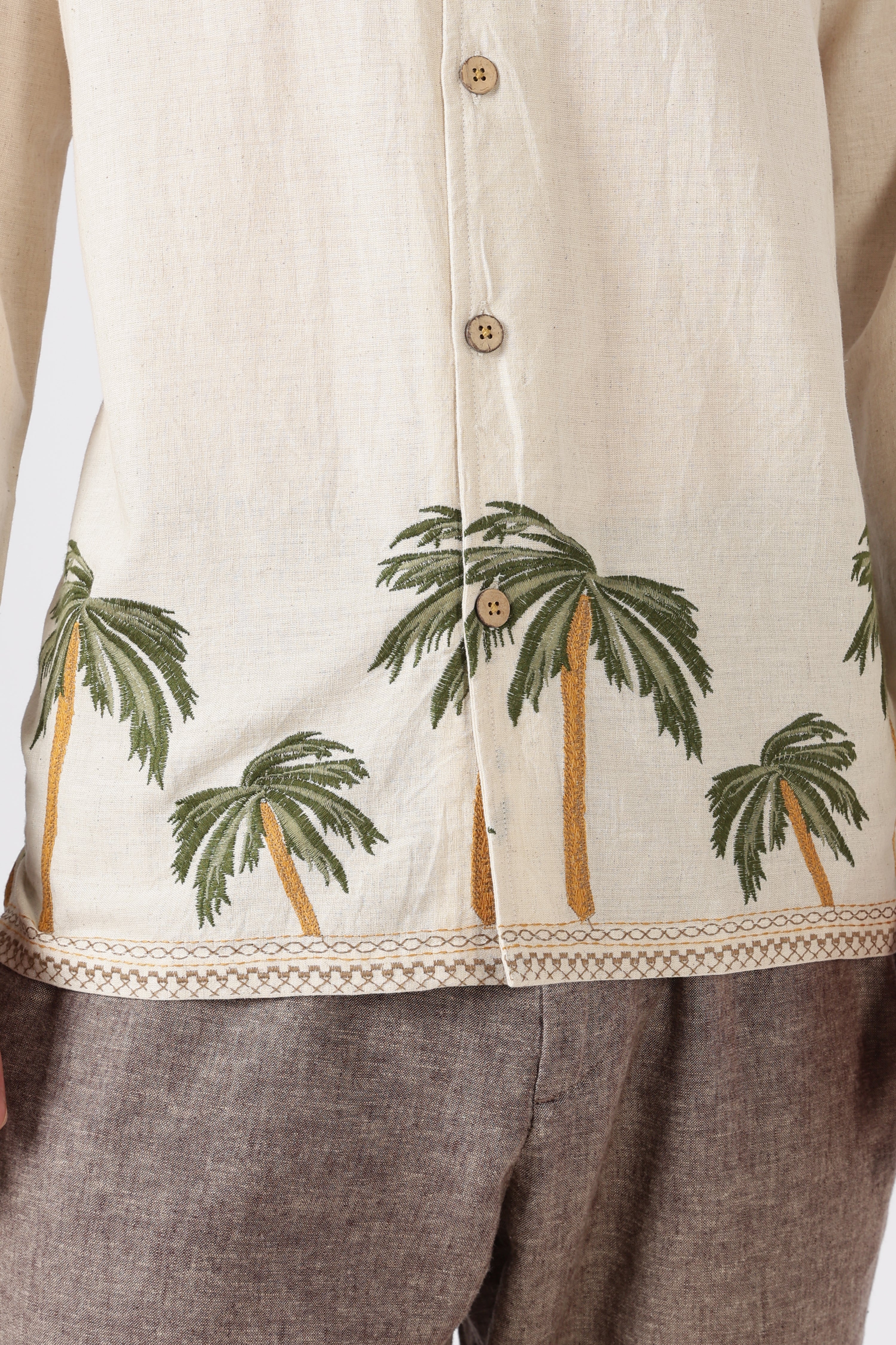 Palm Coast Cotton Regular Fit Beige Embroidery Shirt