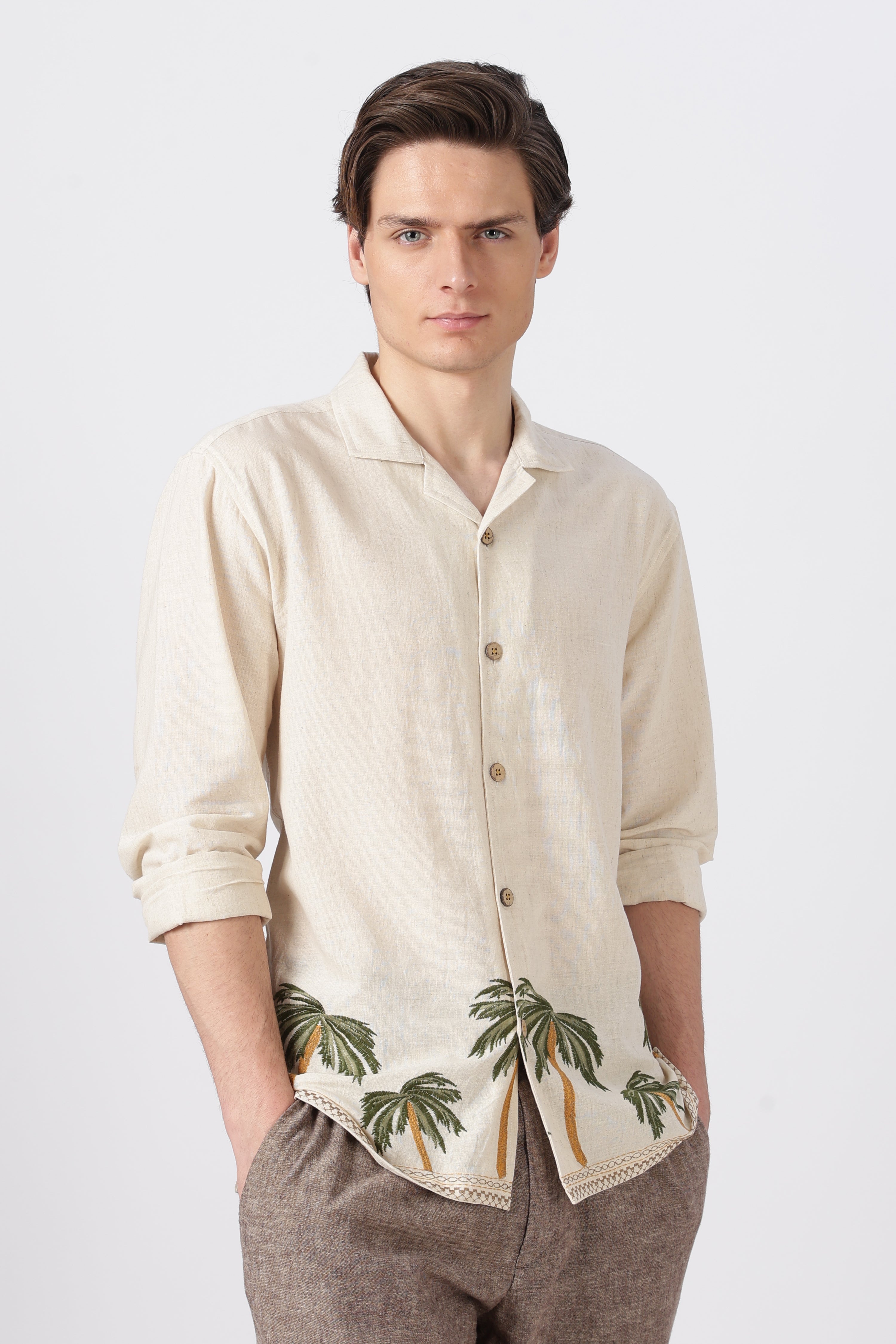 Palm Coast Cotton Regular Fit Beige Embroidery Shirt