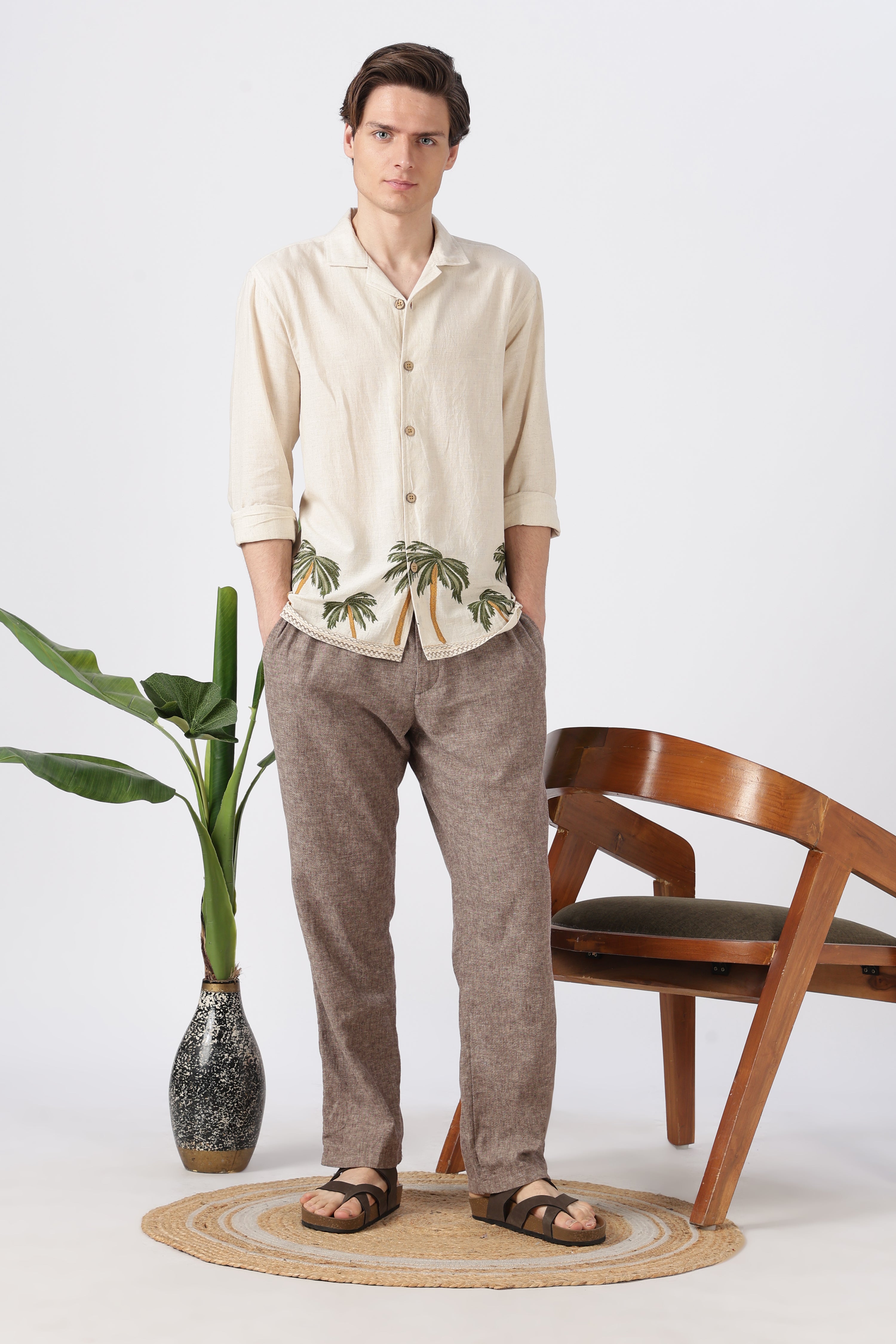 Palm Coast Cotton Regular Fit Beige Embroidery Shirt