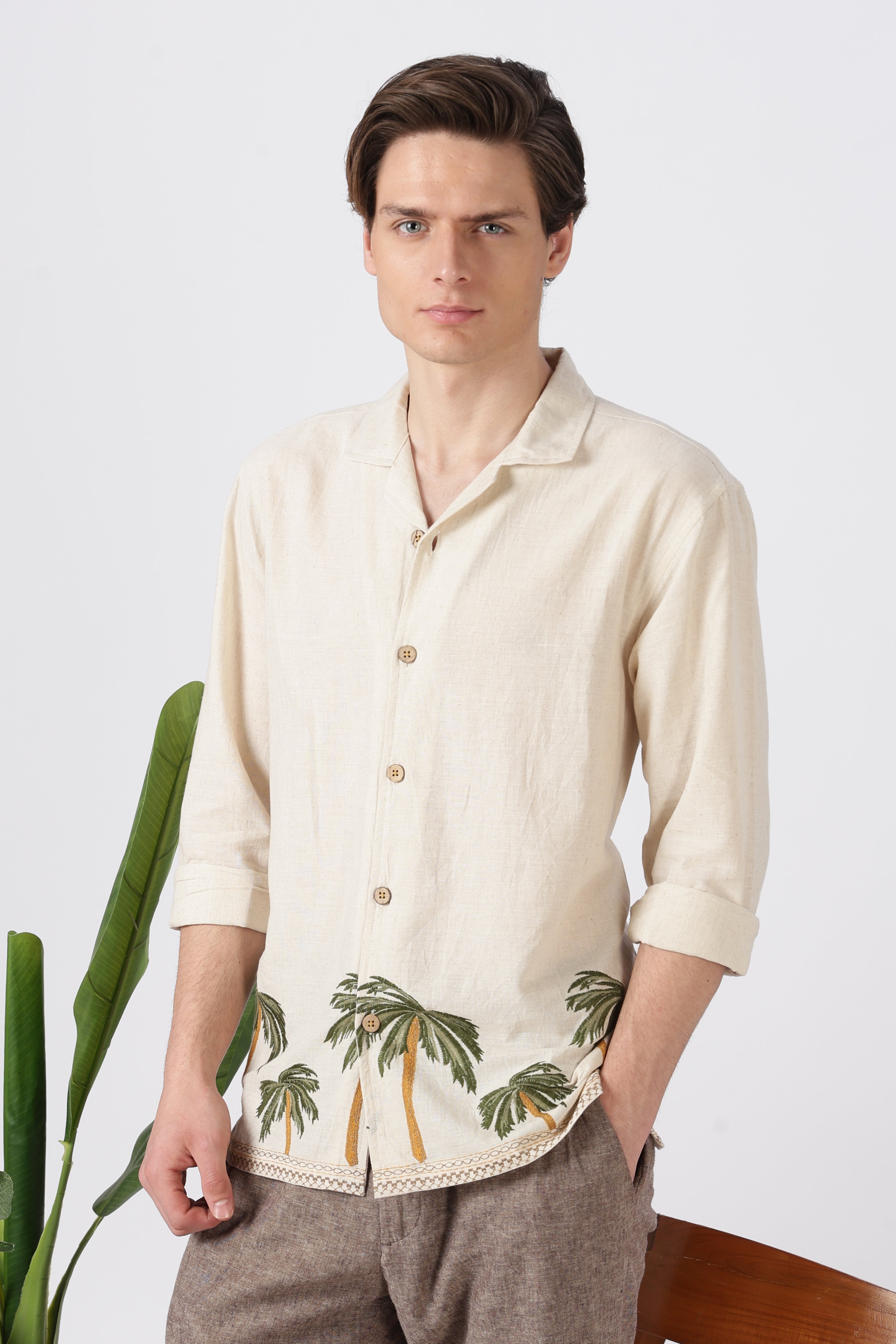 Palm Coast Cotton Regular Fit Beige Embroidery Shirt