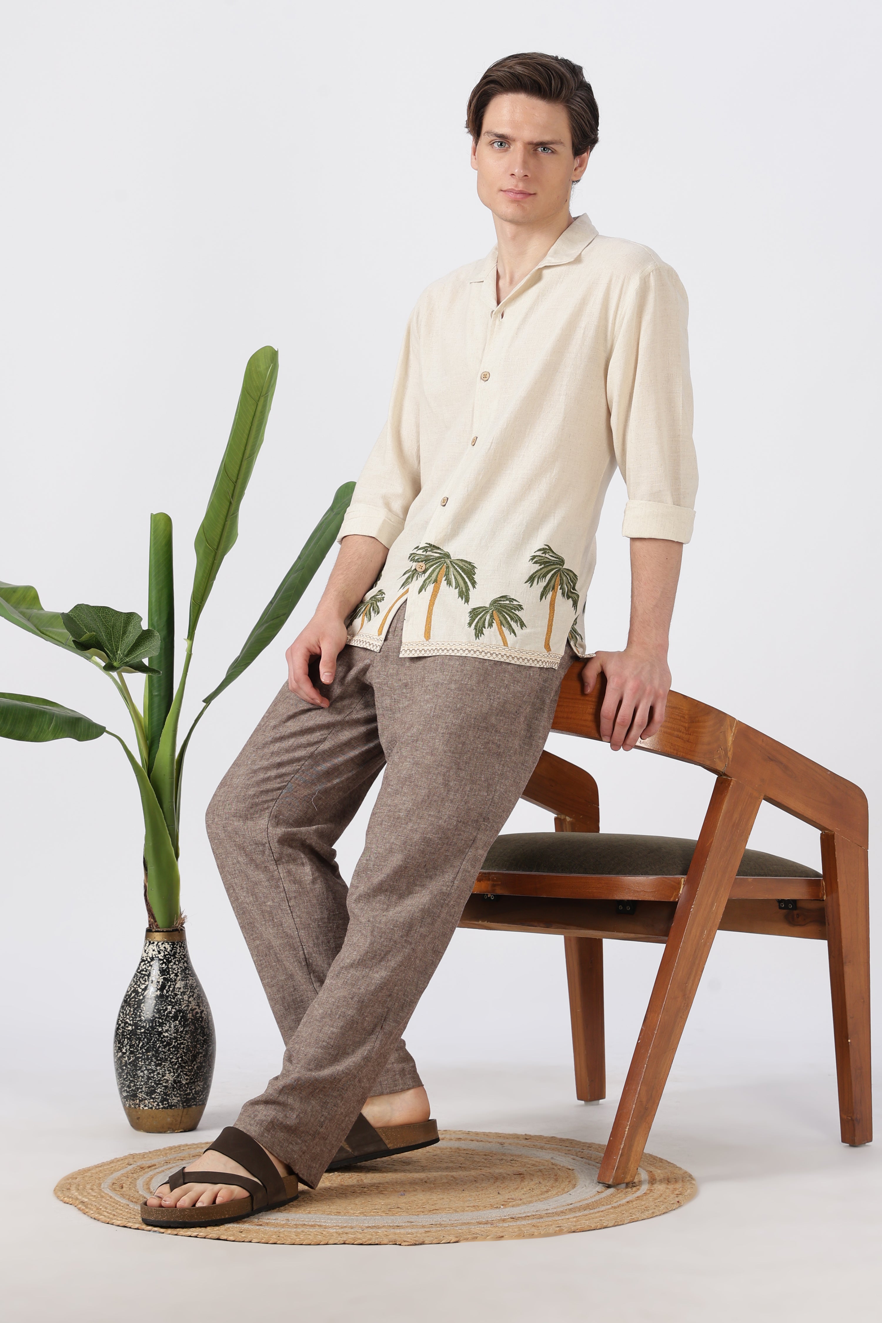 Palm Coast Cotton Regular Fit Beige Embroidery Shirt