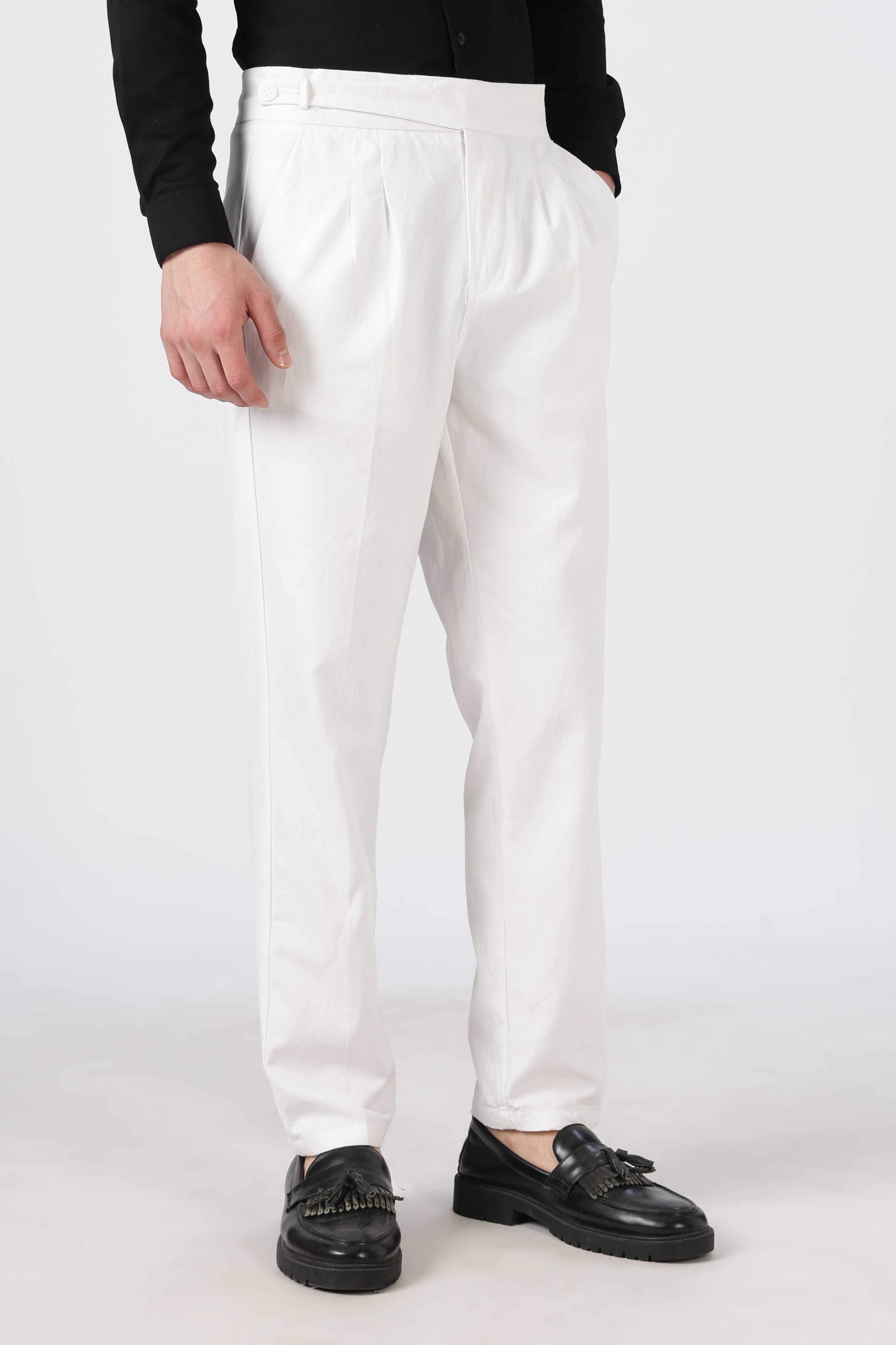 Italian Style White Pleated Straight Fit Pants