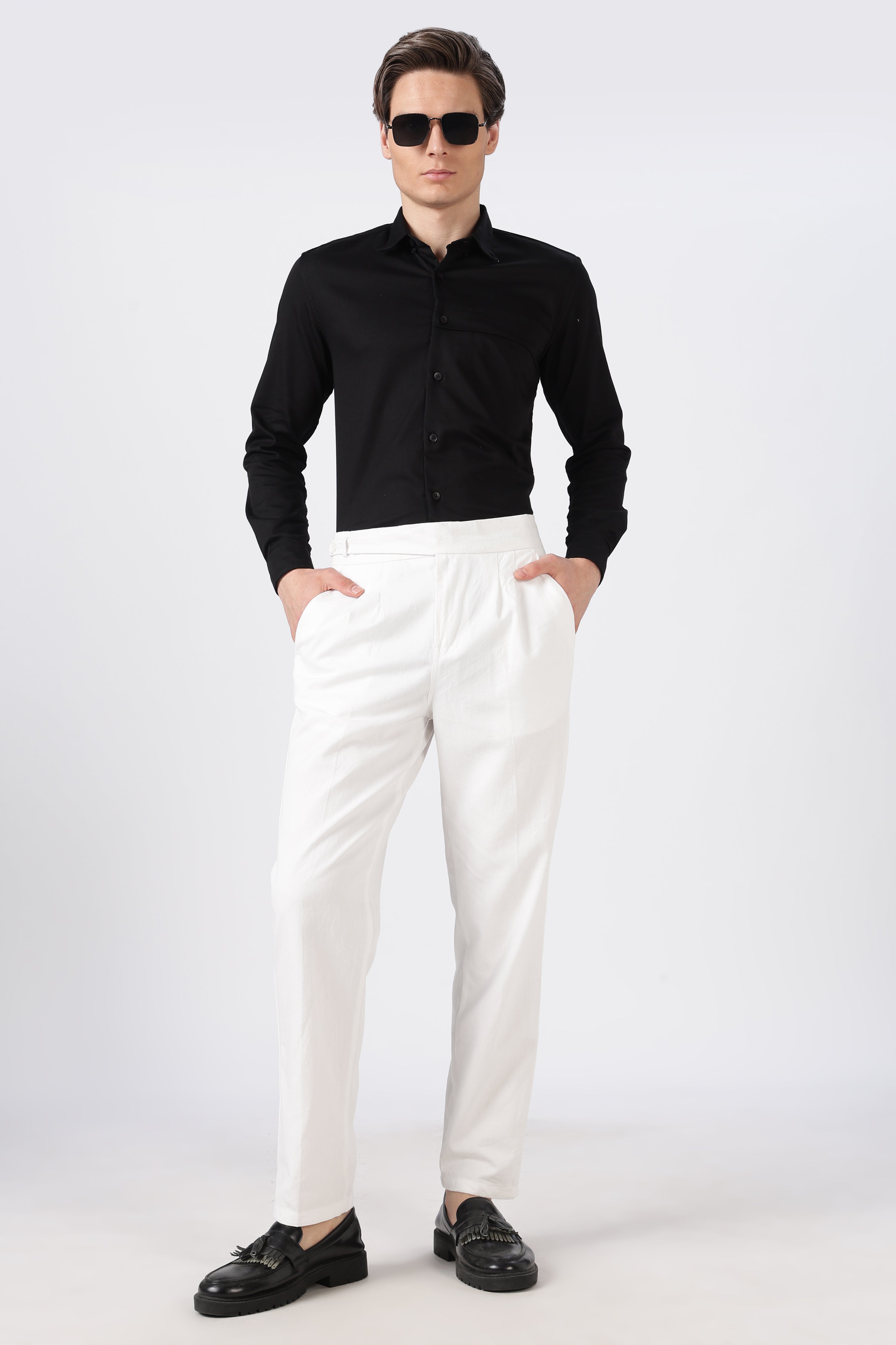 Italian Style White Pleated Straight Fit Pants
