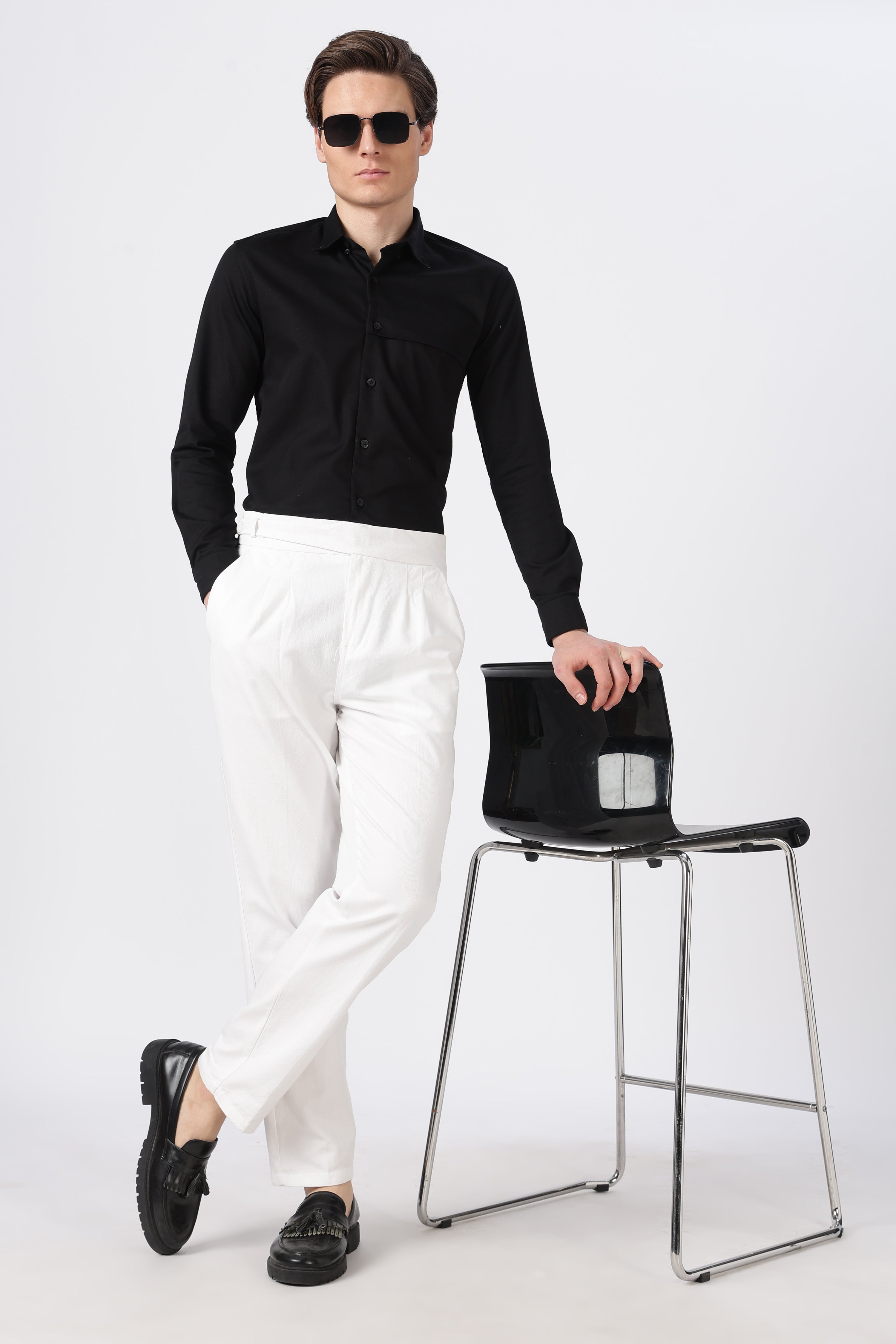Italian Style White Pleated Straight Fit Pants