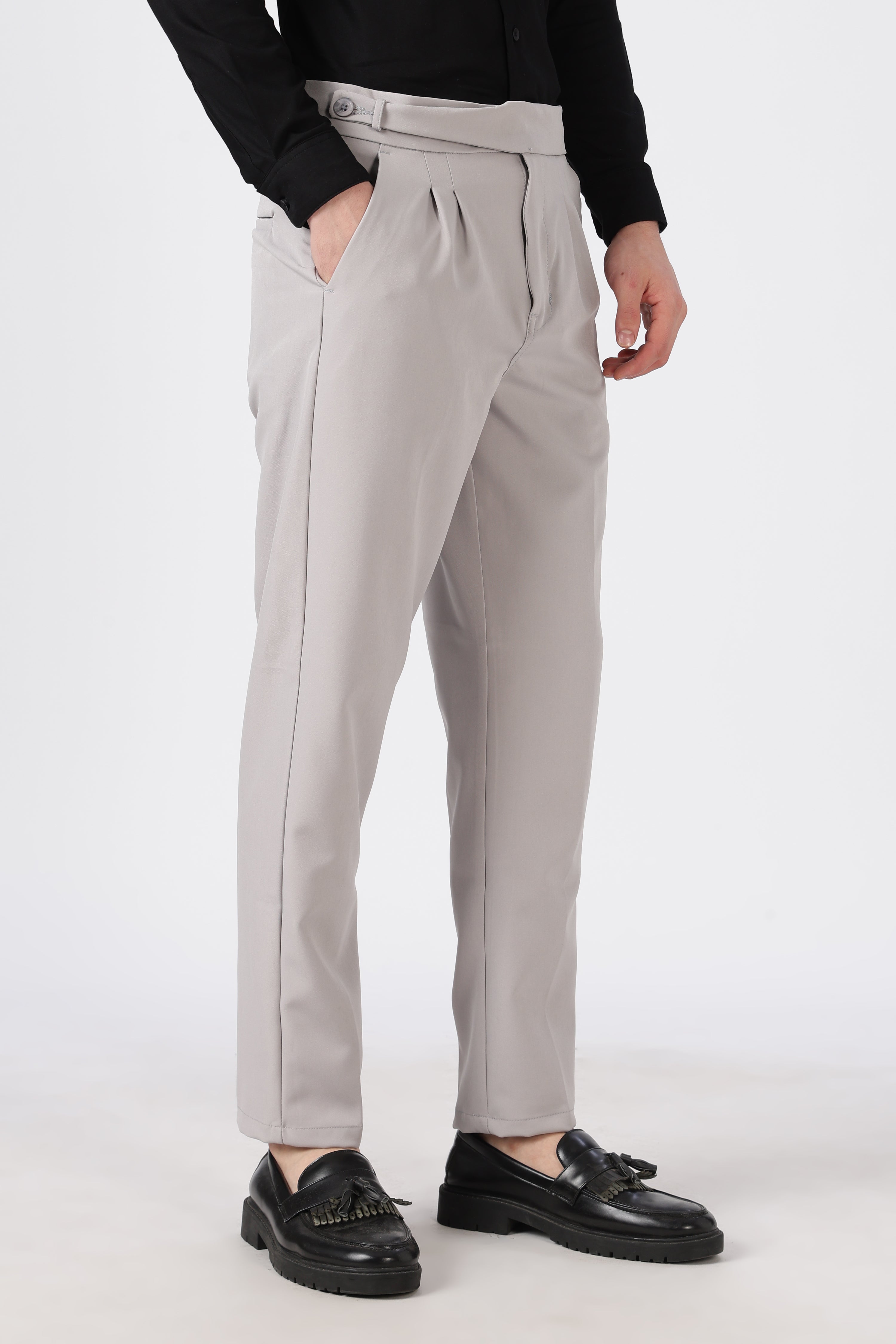 Italian Style Grey Pleated Straight Fit Pants