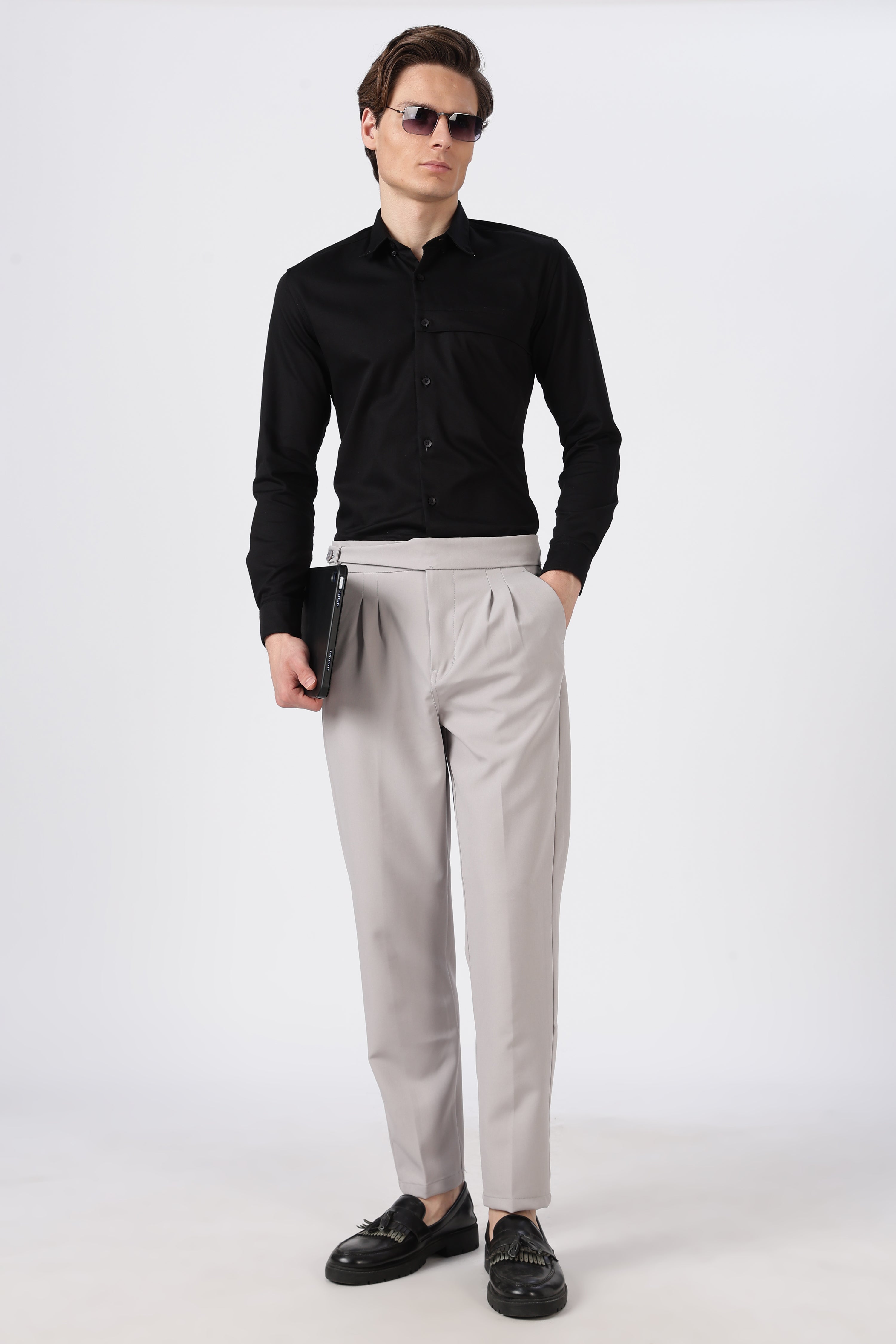 Italian Style Grey Pleated Straight Fit Pants