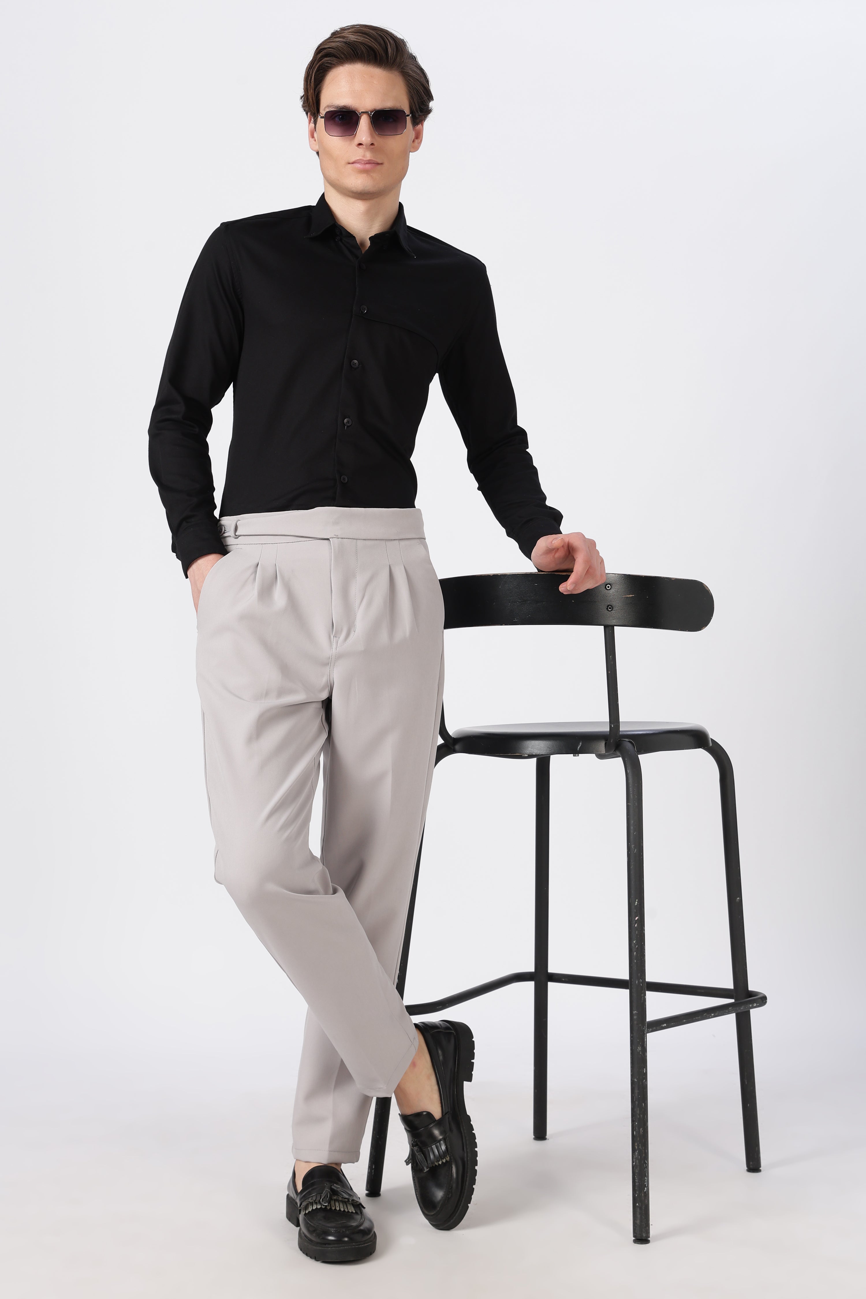 Italian Style Grey Pleated Straight Fit Pants