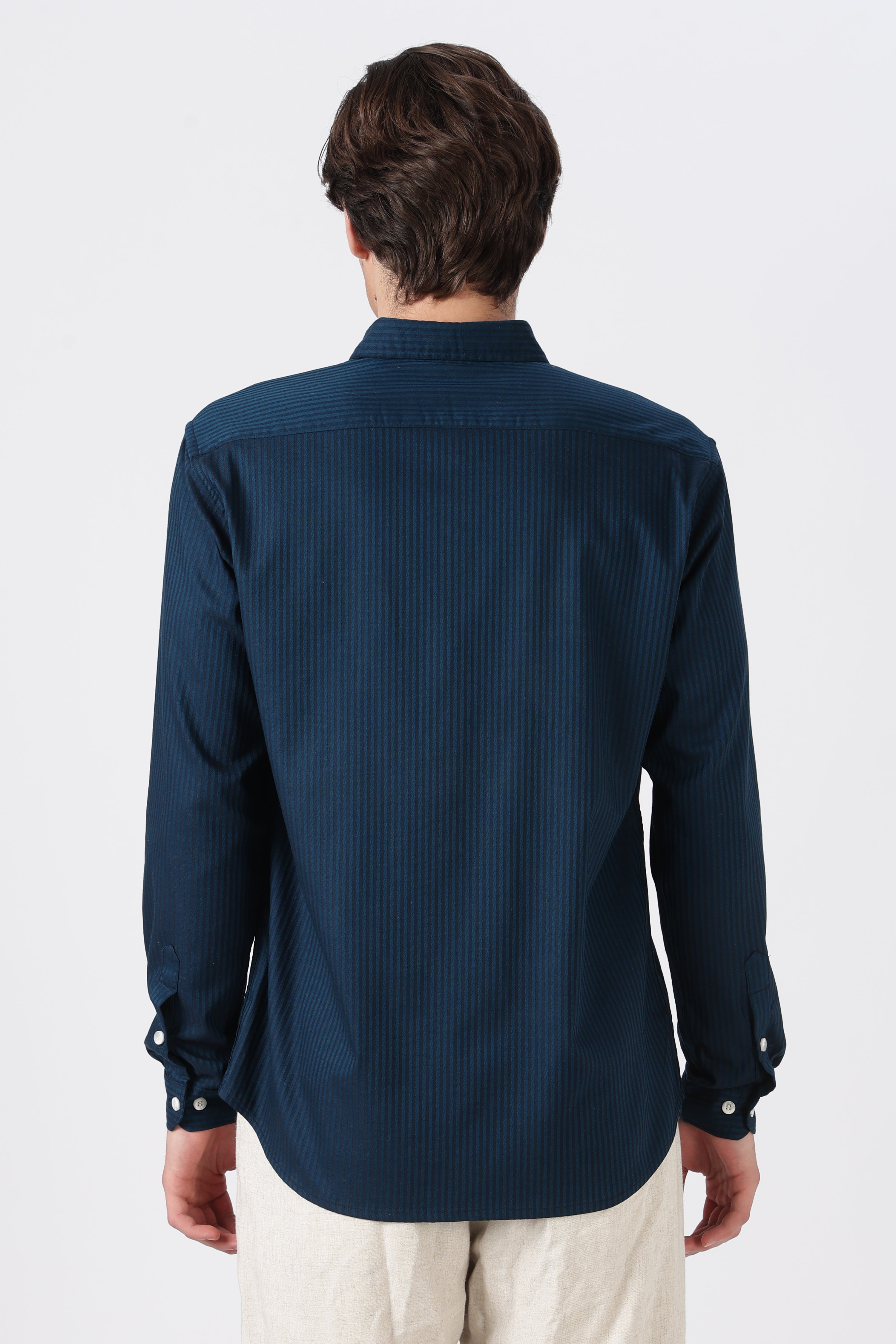Mallard Rippling Cotton Regular Fit Navy Striped Embroidered Shirt