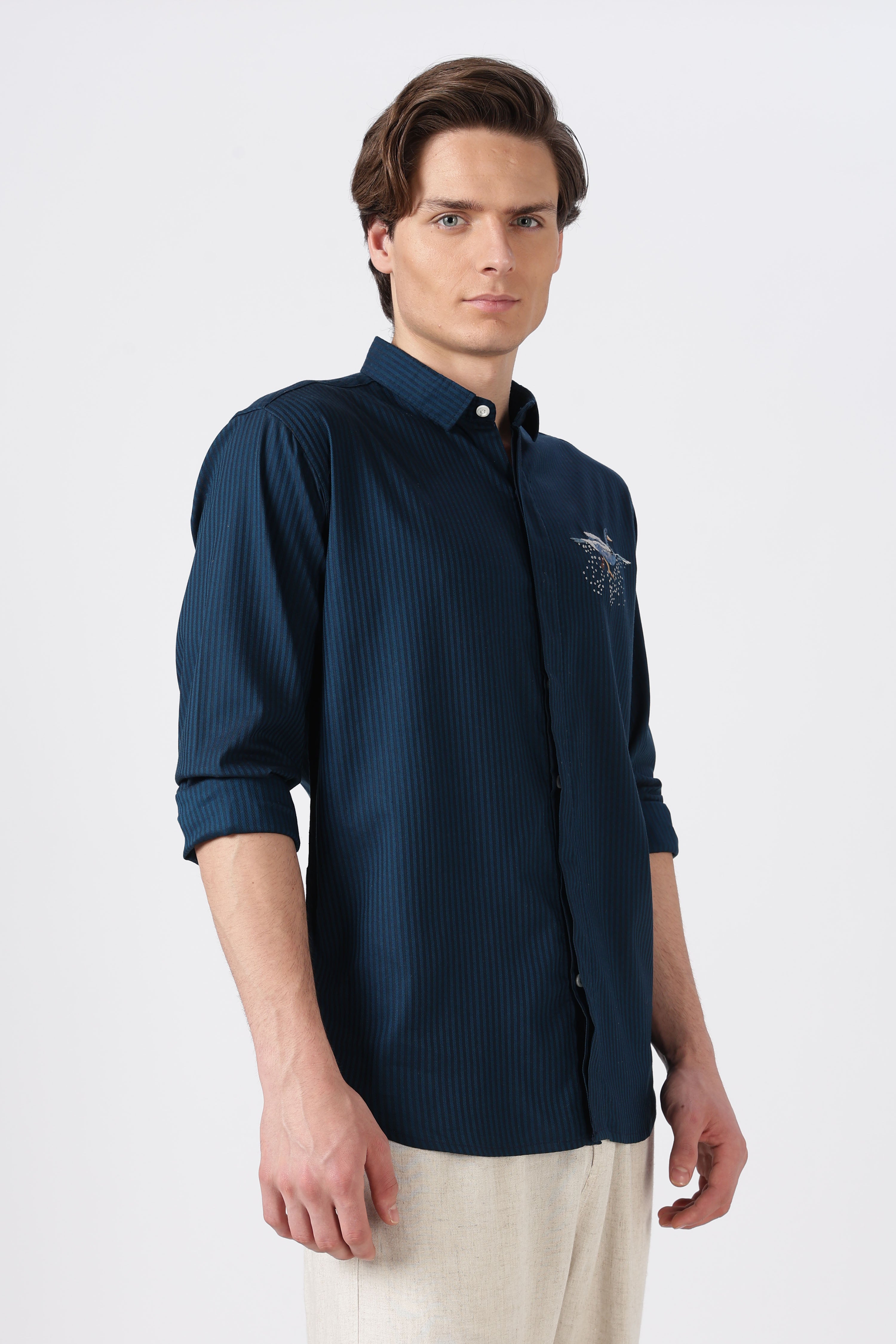 Mallard Rippling Cotton Regular Fit Navy Striped Embroidered Shirt