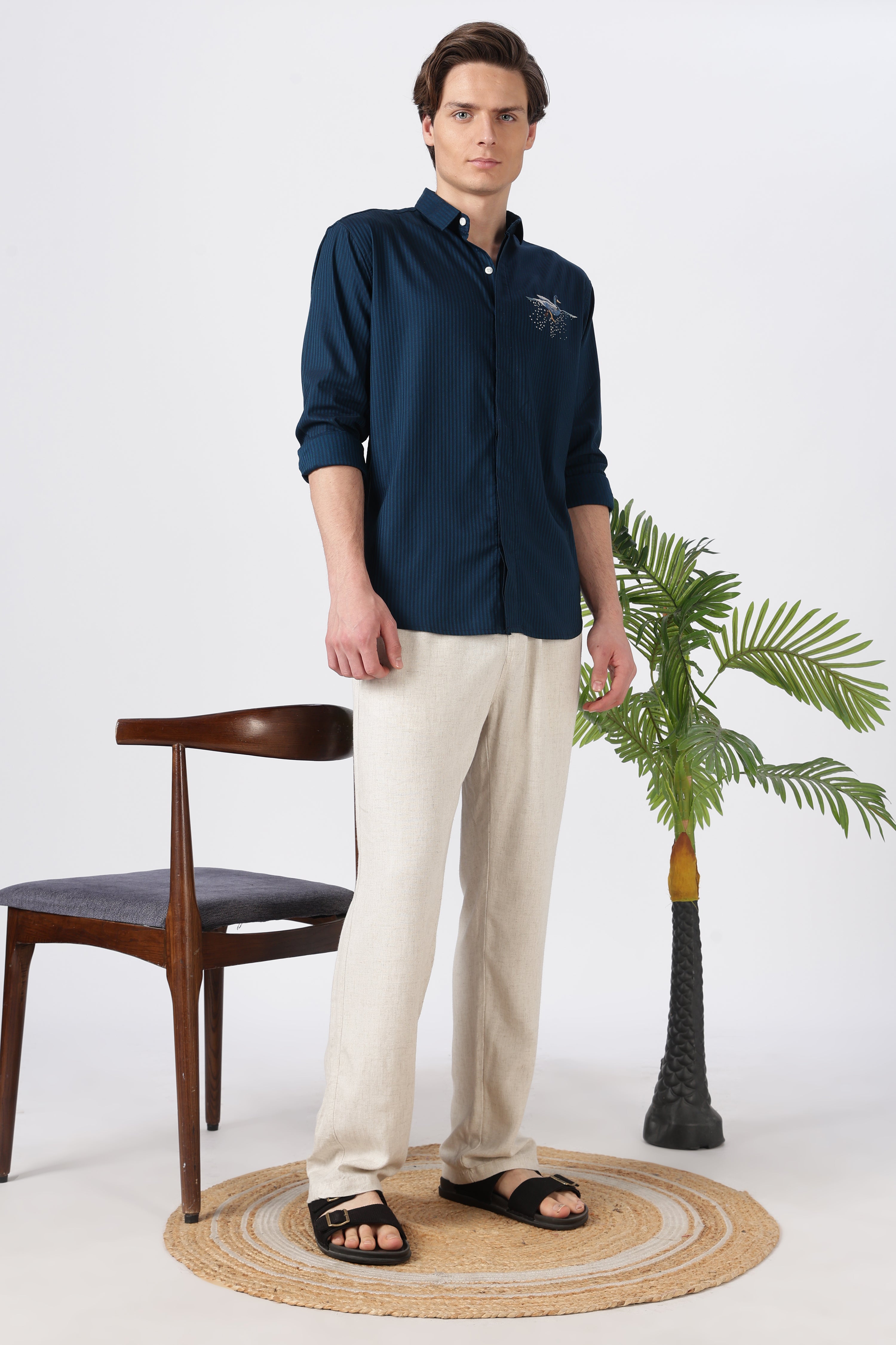 Mallard Rippling Cotton Regular Fit Navy Striped Embroidered Shirt