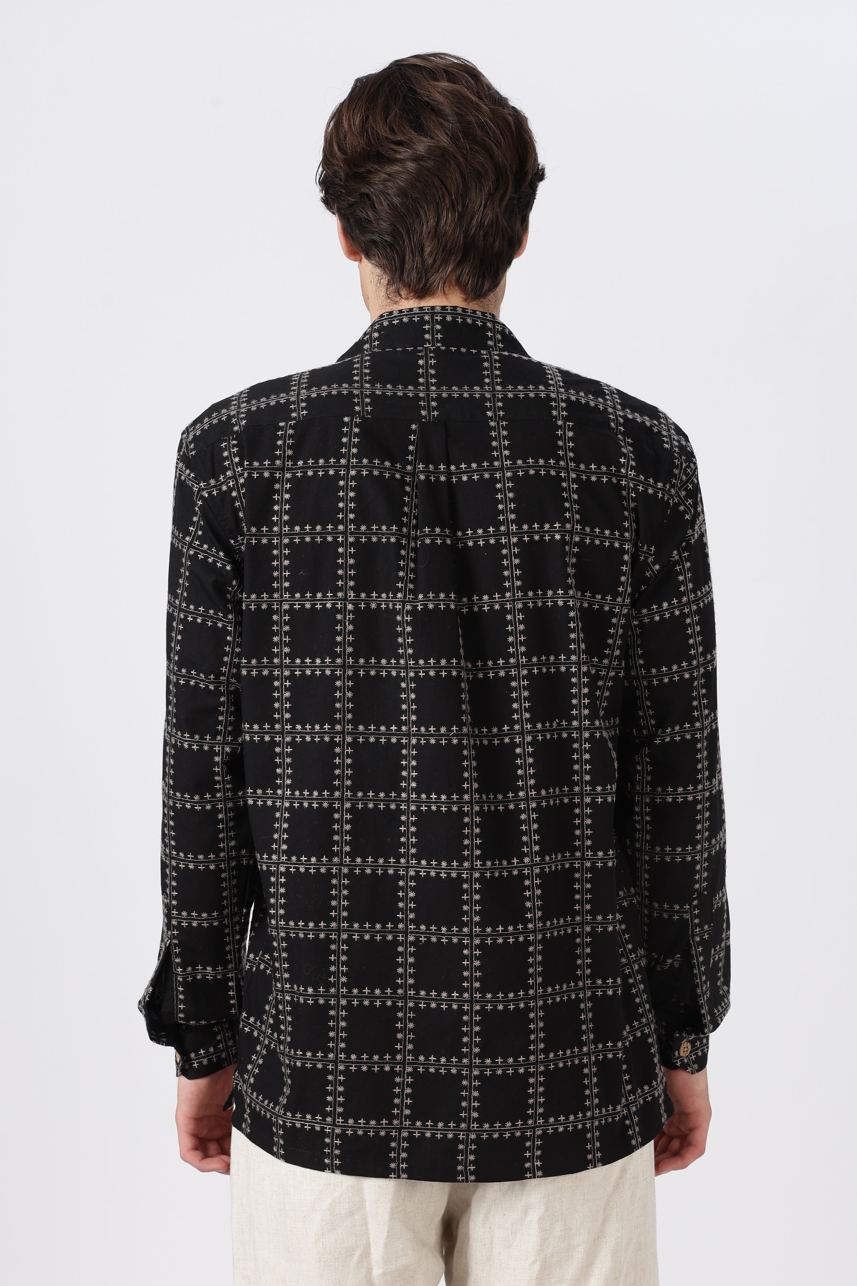 Geometric Cotton Box Fit Black Embroidery Shirt