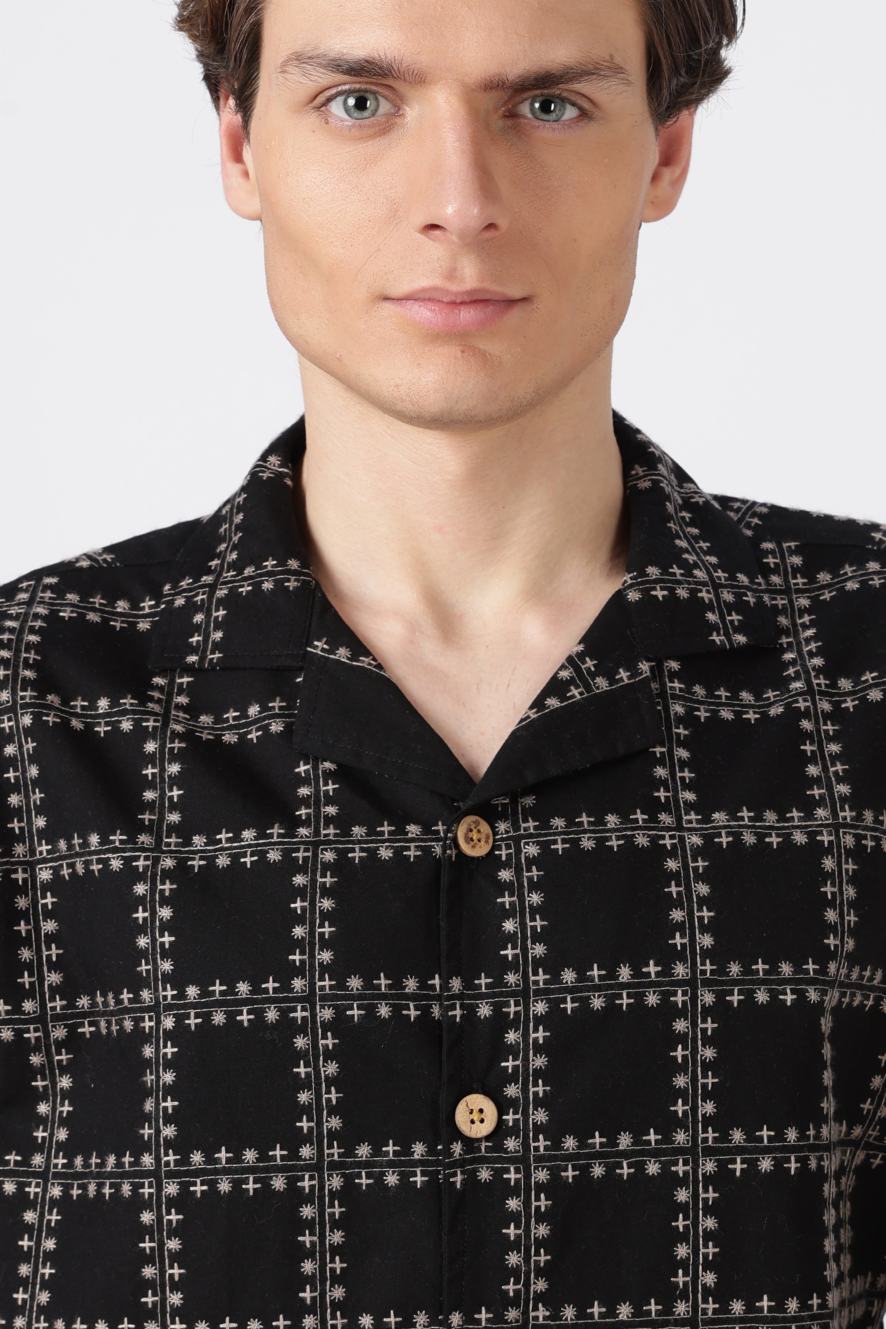 Geometric Cotton Box Fit Black Embroidery Shirt