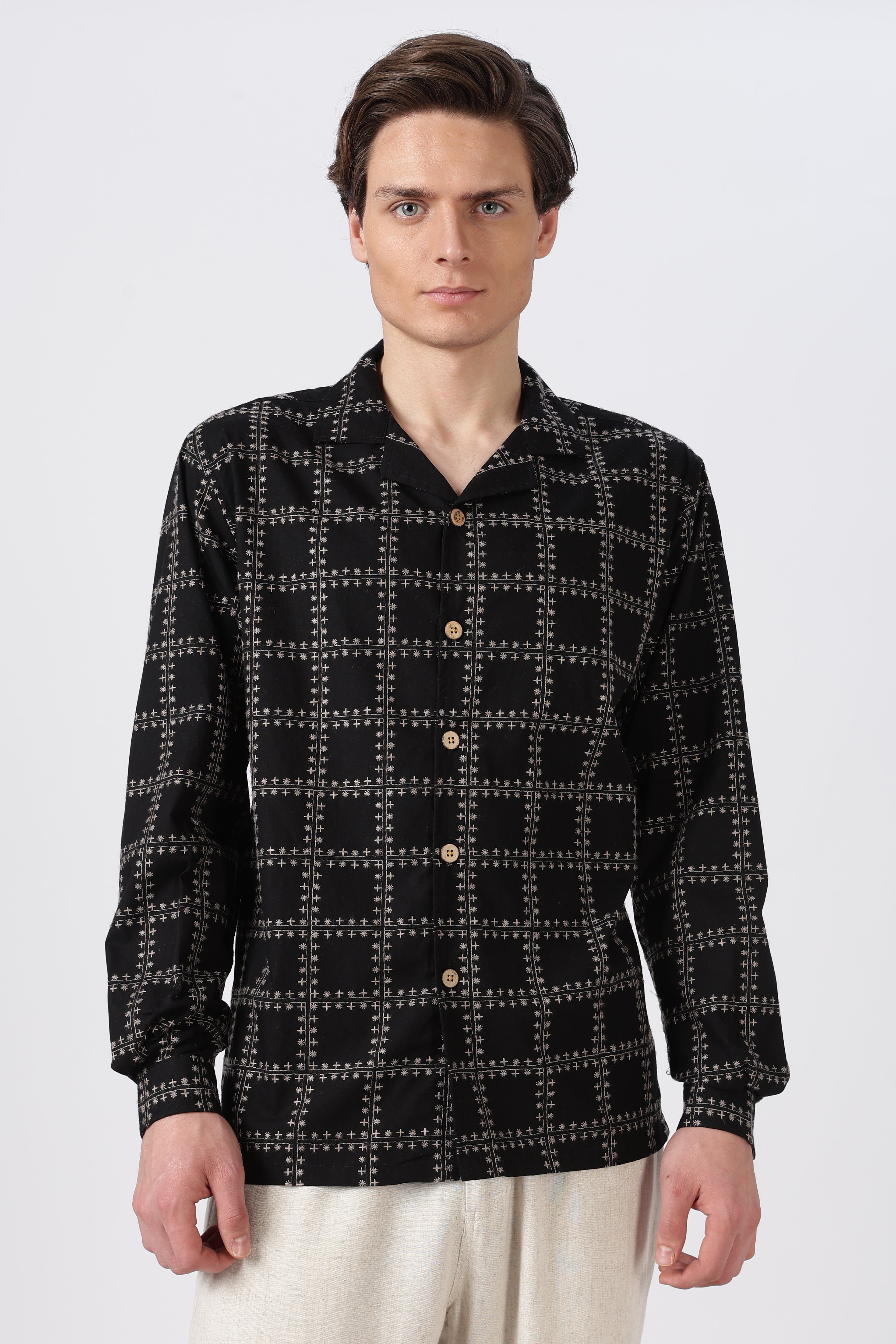 Geometric Cotton Box Fit Black Embroidery Shirt
