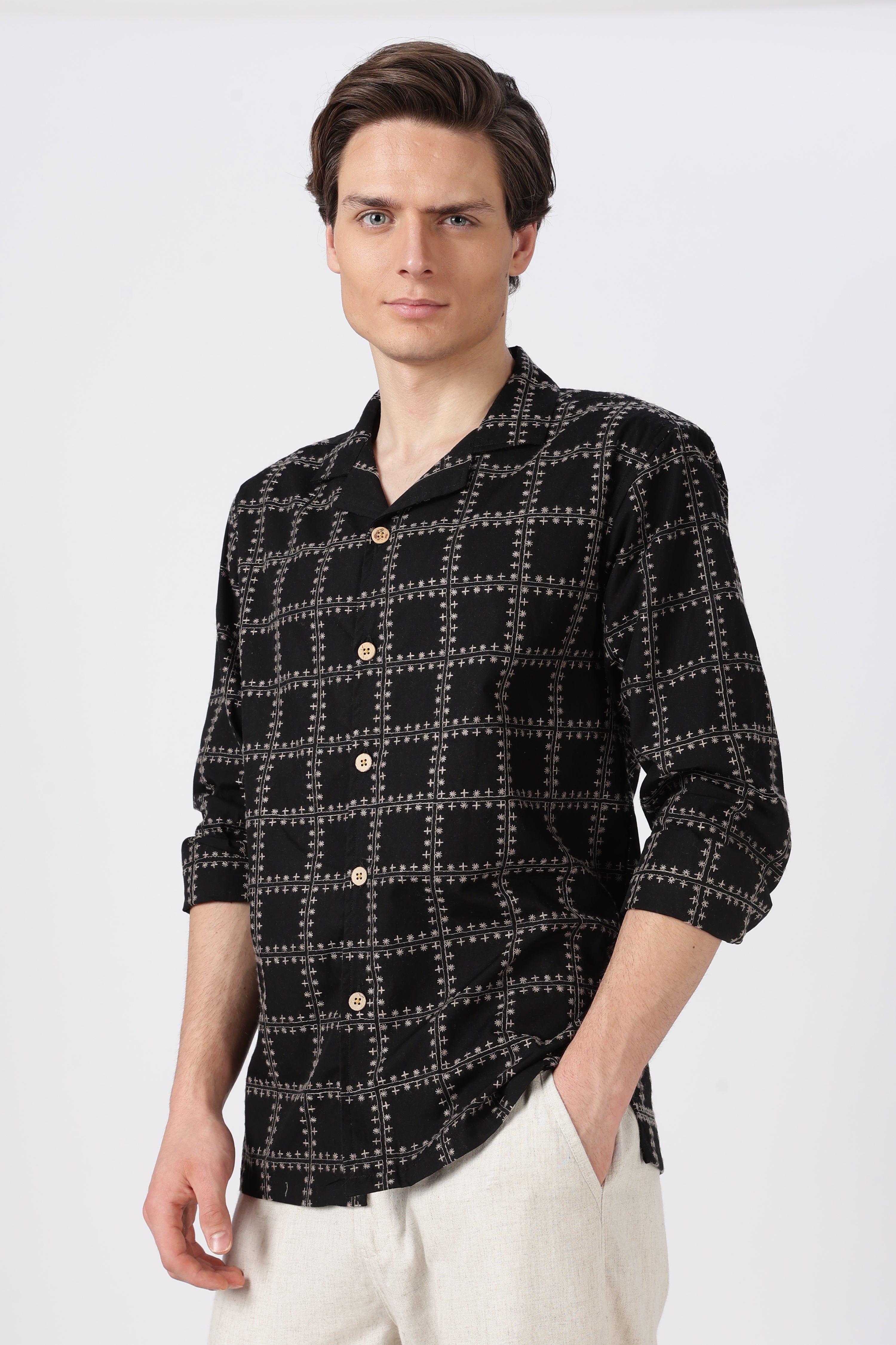 Geometric Cotton Box Fit Black Embroidery Shirt