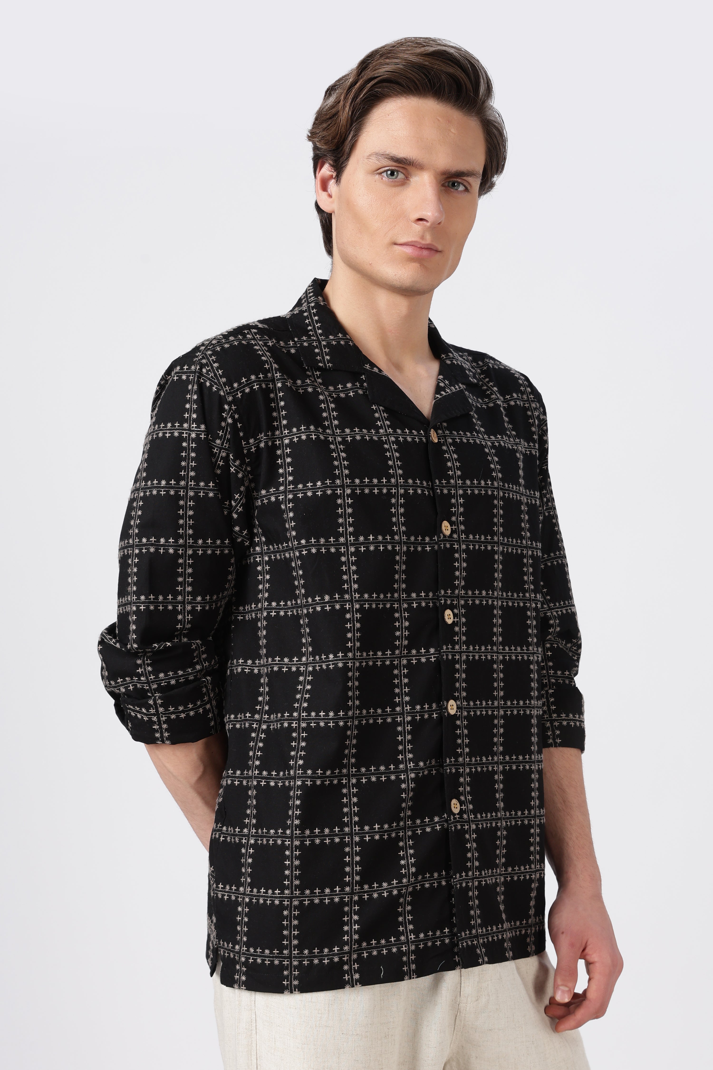Geometric Cotton Box Fit Black Embroidery Shirt