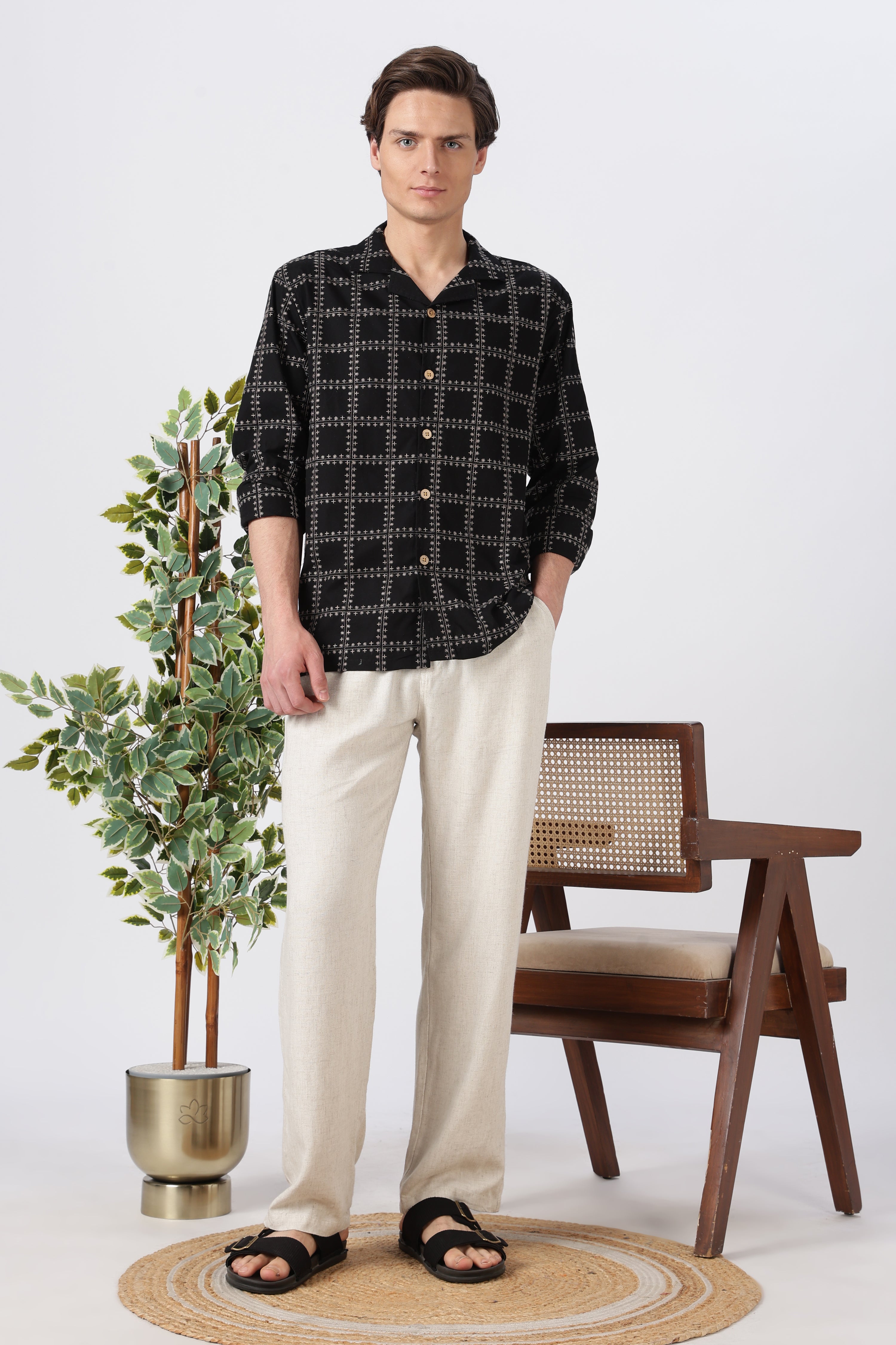 Geometric Cotton Box Fit Black Embroidery Shirt