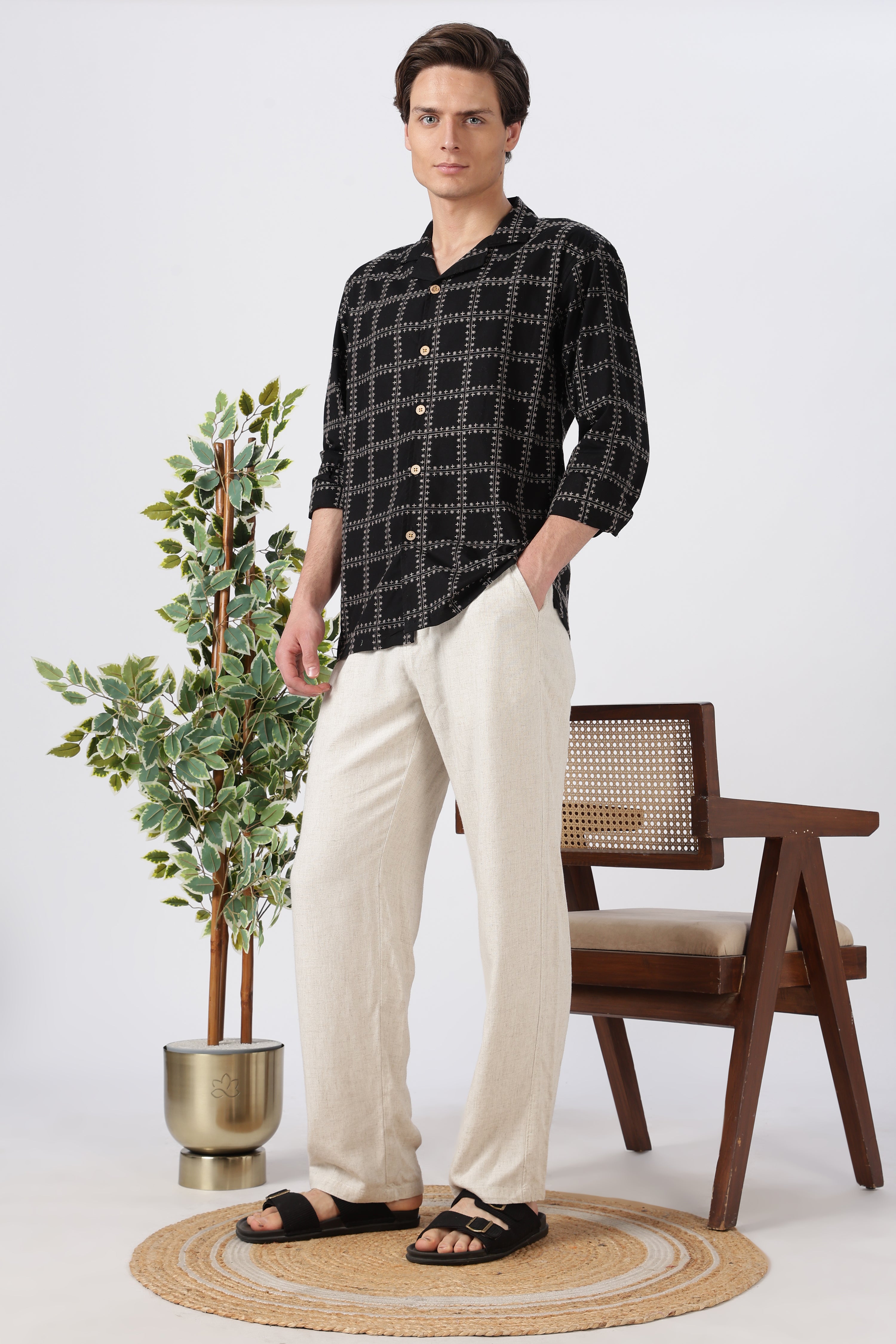 Geometric Cotton Box Fit Black Embroidery Shirt