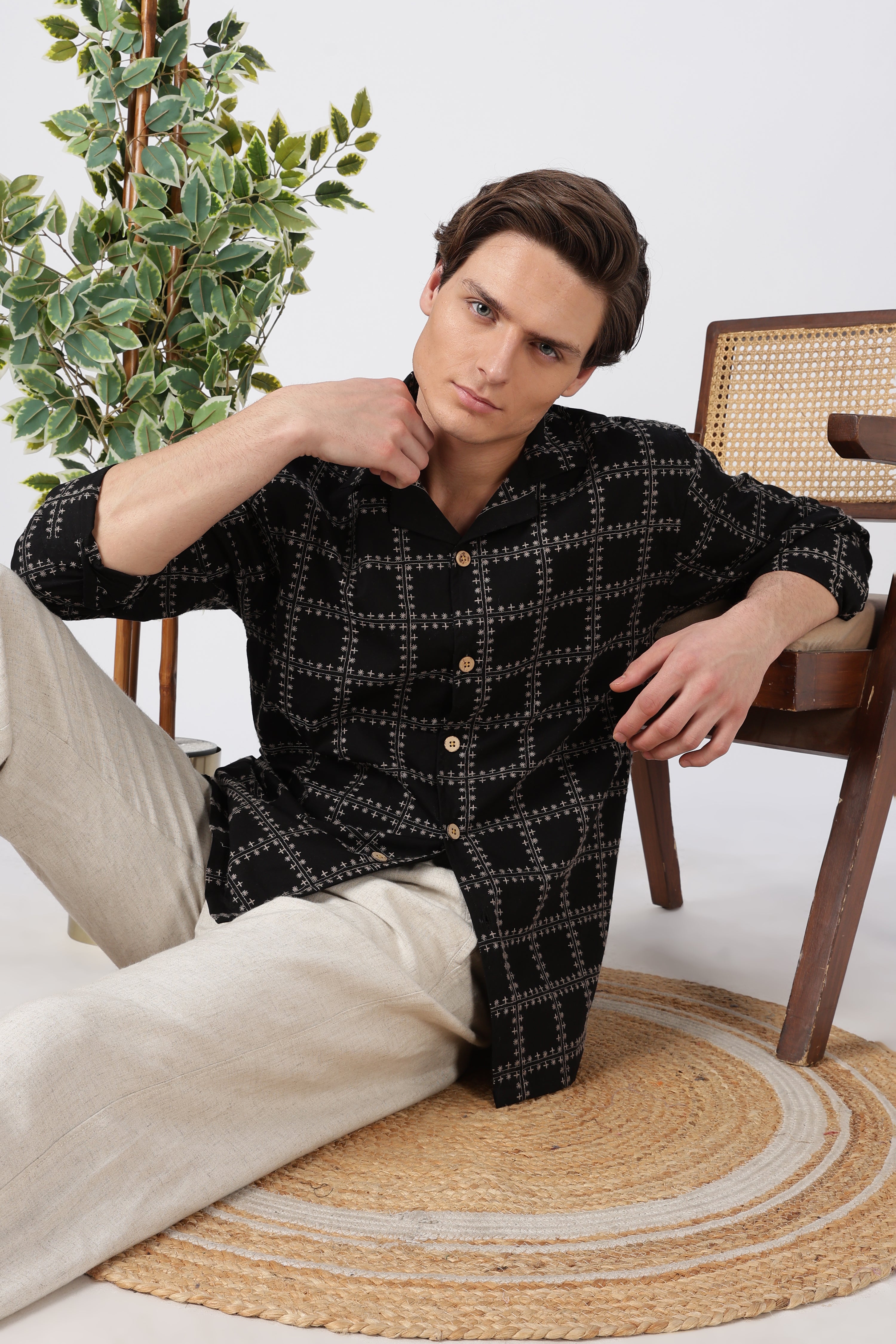 Geometric Cotton Box Fit Black Embroidery Shirt
