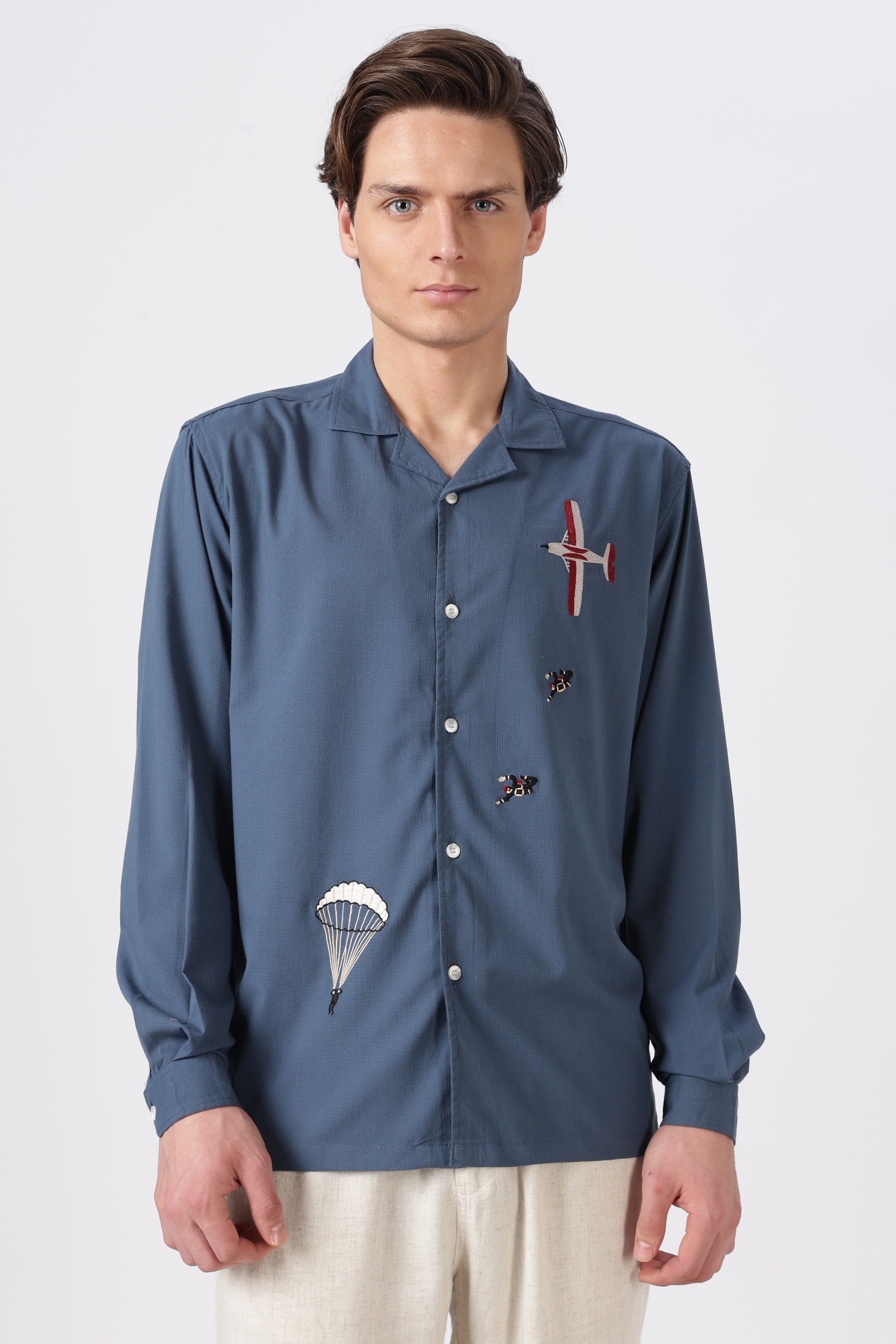 Sky Dive Cotton Box Fit Blue Bespoke Embroidery Shirt